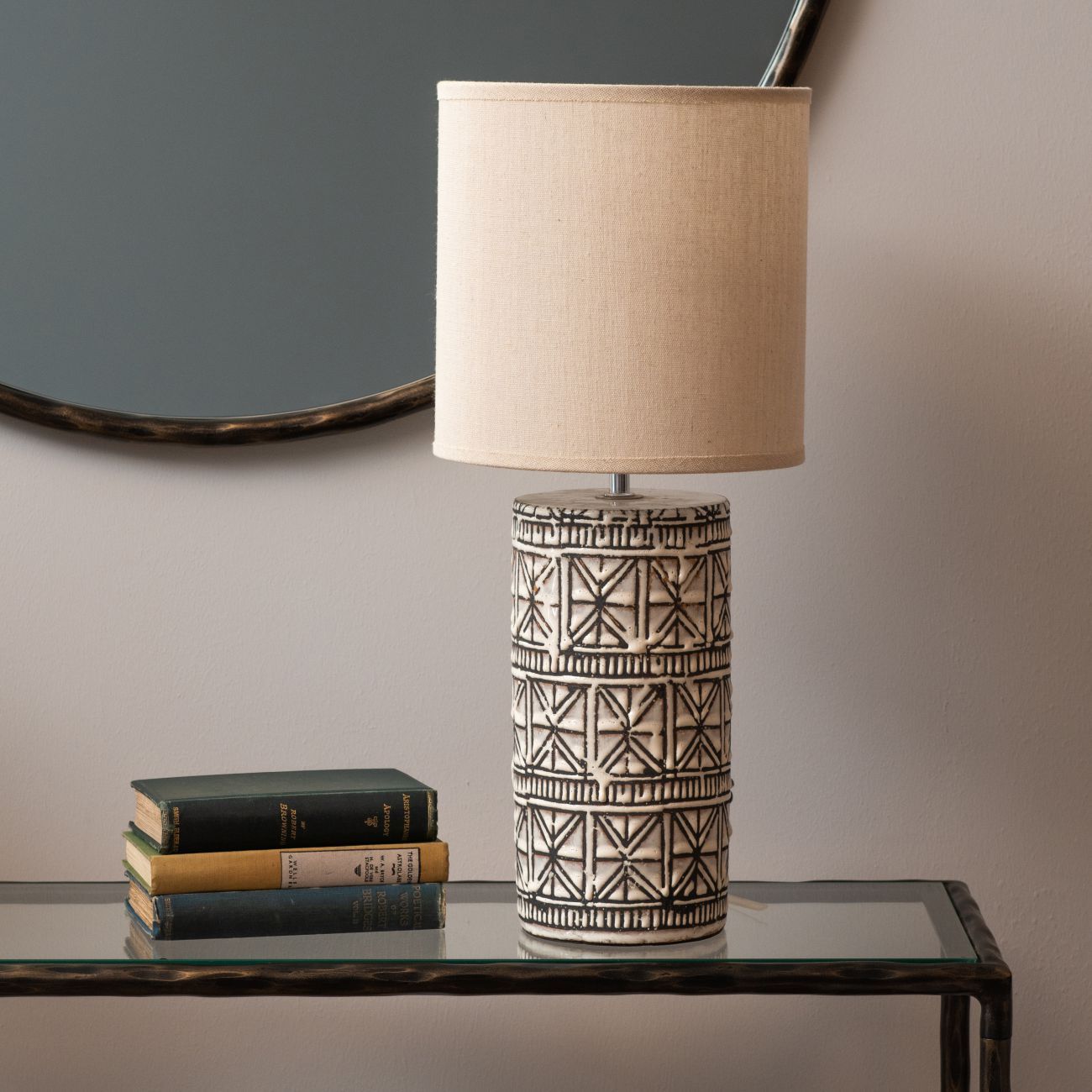 Brown Porcelain Small Table Lamp & Natural Shade