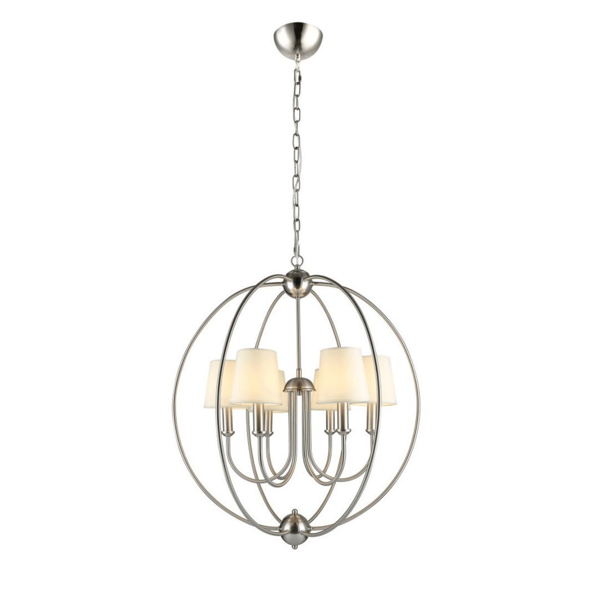 7032/6SN Satin Silver 6 light fitting with material shades - Cusack Lighting