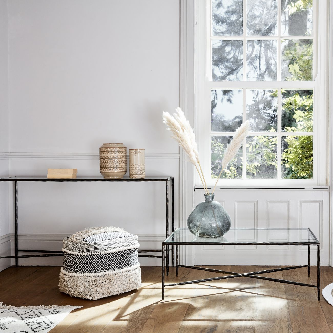 Patterdale Hand Forged Large Console Table - Dark Bronze & Glass Top Finish