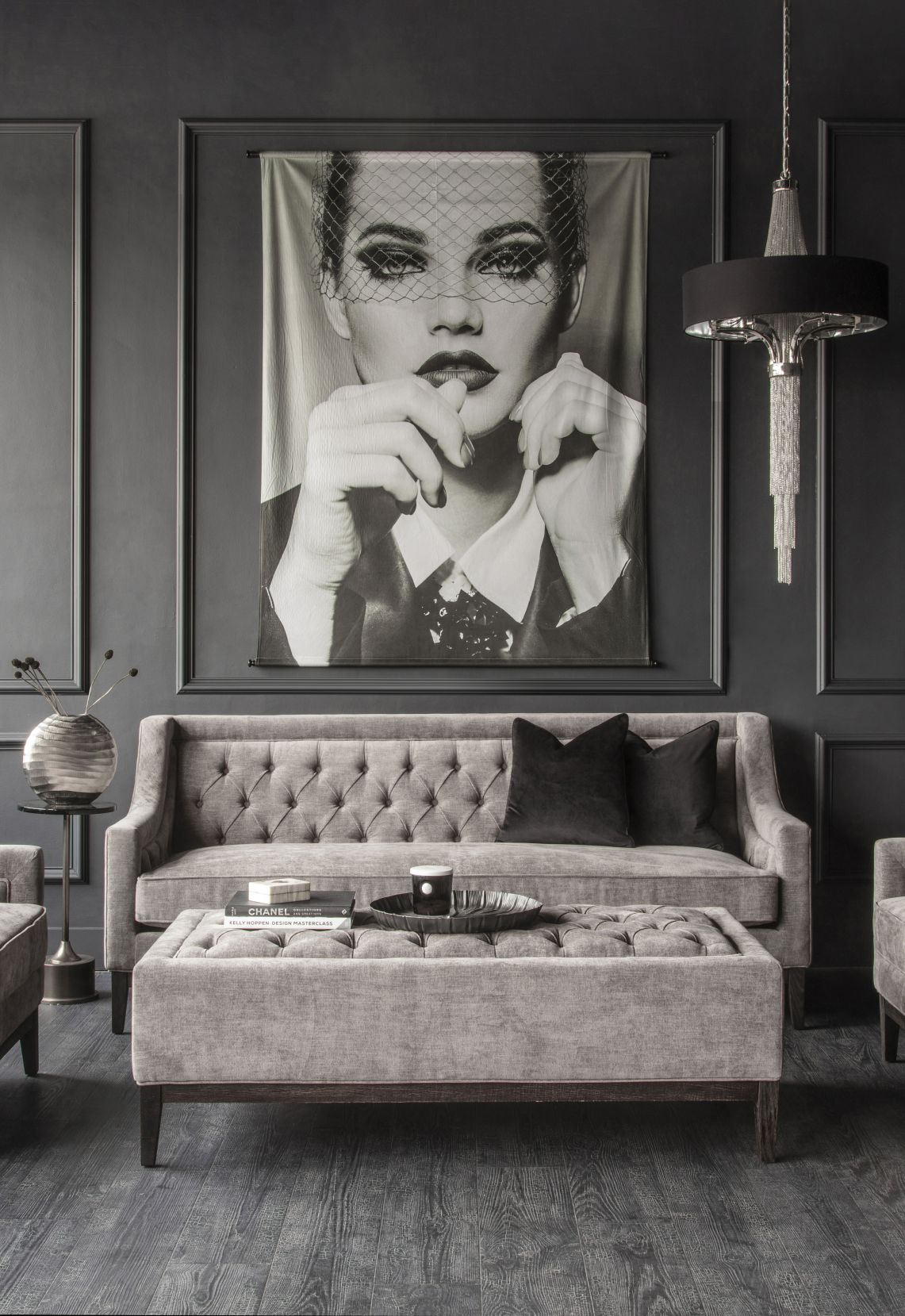 Theodore Buttoned XL Ottoman in Warm Grey Fabric