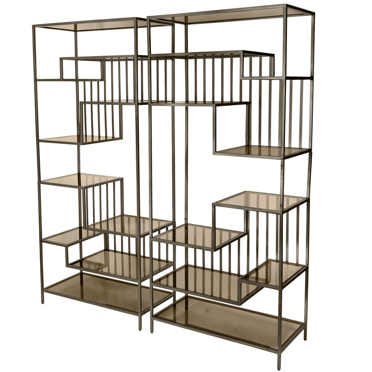 Westley Set of 2 Shelving Units in Dark Gold with Brown Tinted Glass