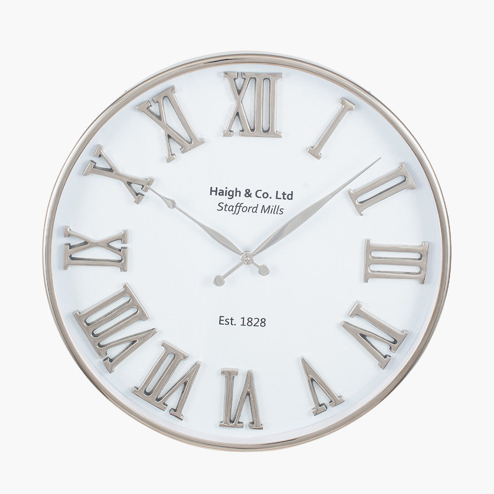 Round Wall Clock - Silver & White Metal Finish