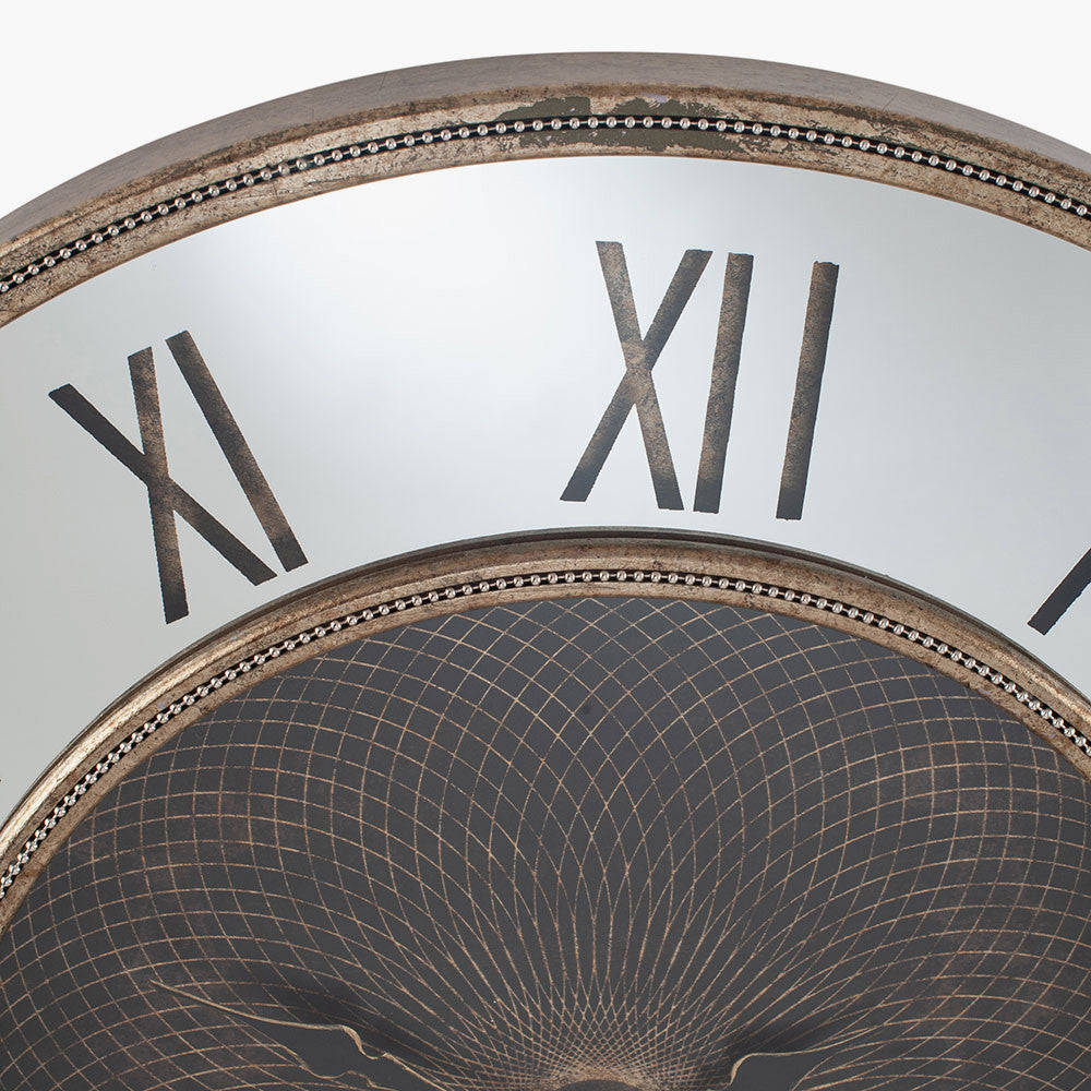 Wood & Mirror Geo Print Wall Clock - Antique Gold Finish