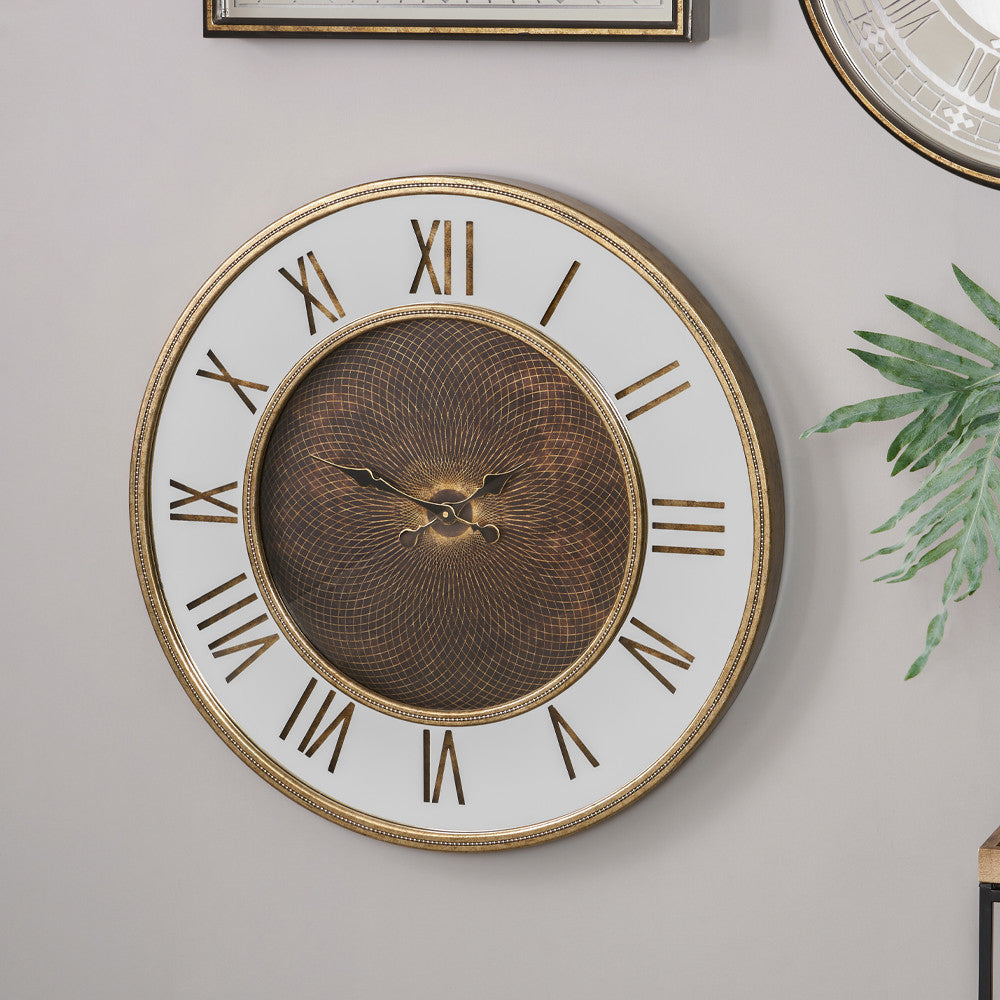 Wood & Mirror Geo Print Wall Clock - Antique Gold Finish