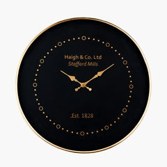 Antique Brass Framed Wall Clock - Black Finish