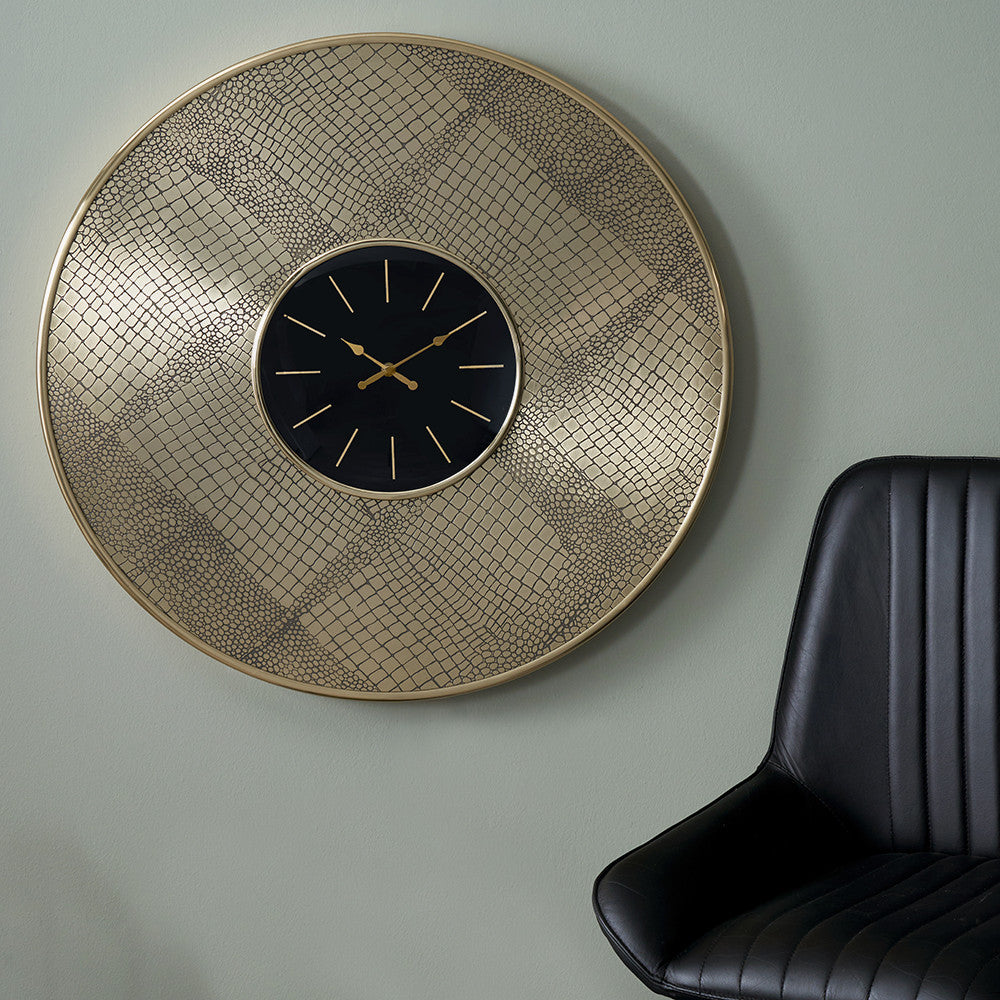 Croc Effect Wall Clock - Antique Brass Finish