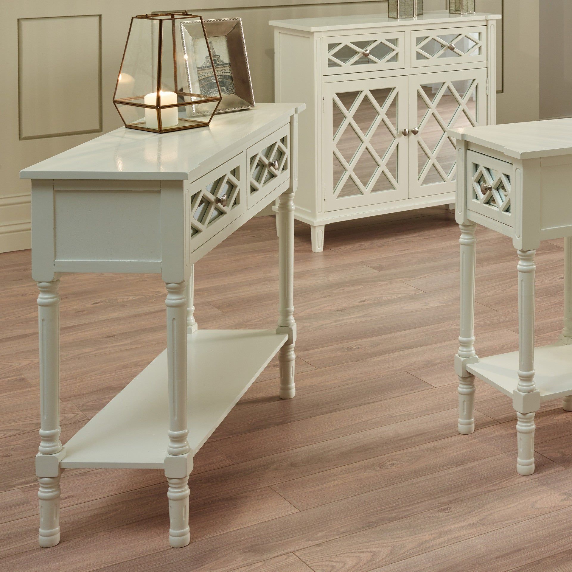 Puglia Mirrored Pine Wood Console Table K/D- Ivory Finish