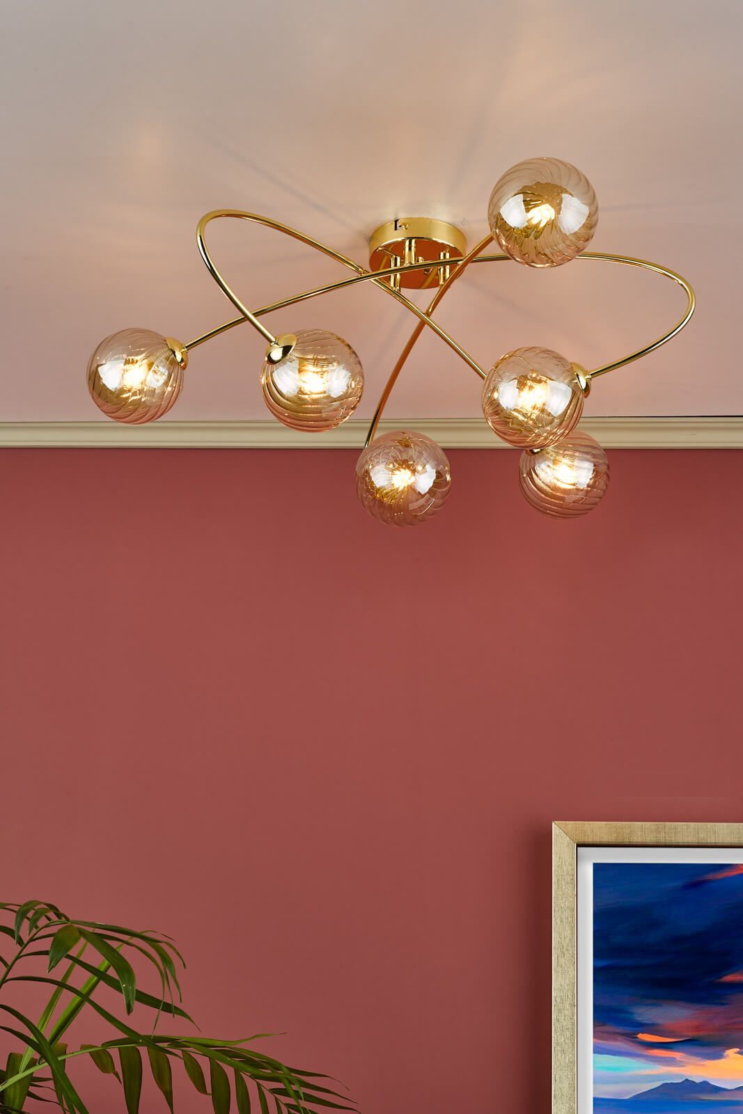 Dar Etta 6Lt Semi Flush Ceiling Light - Polished Gold & Champagne Glass Finish, IP20