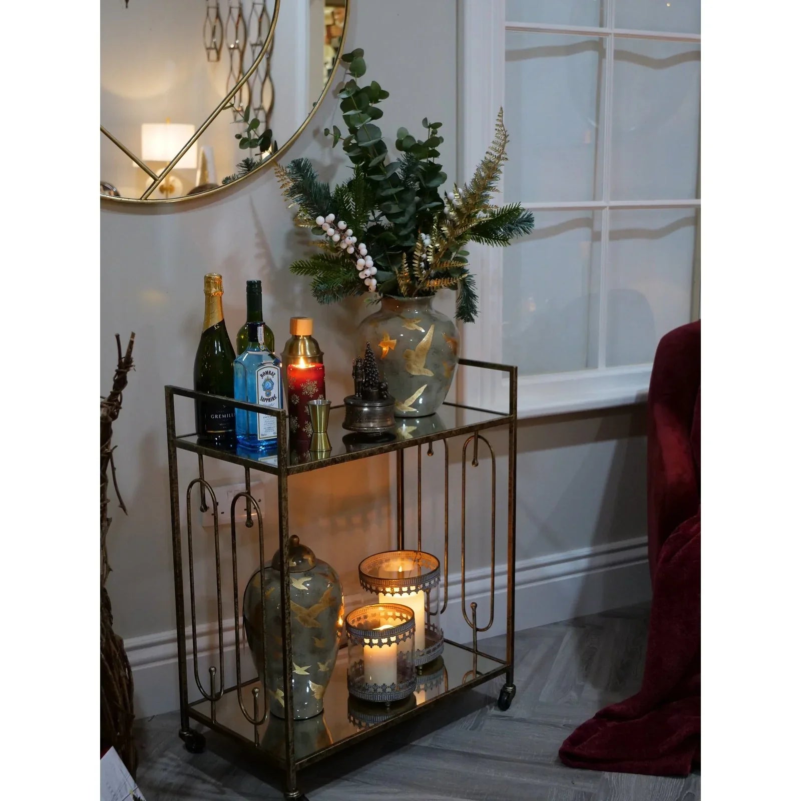 Estela Drinks Trolley - Distressed Gold & Mirrored Top Finish