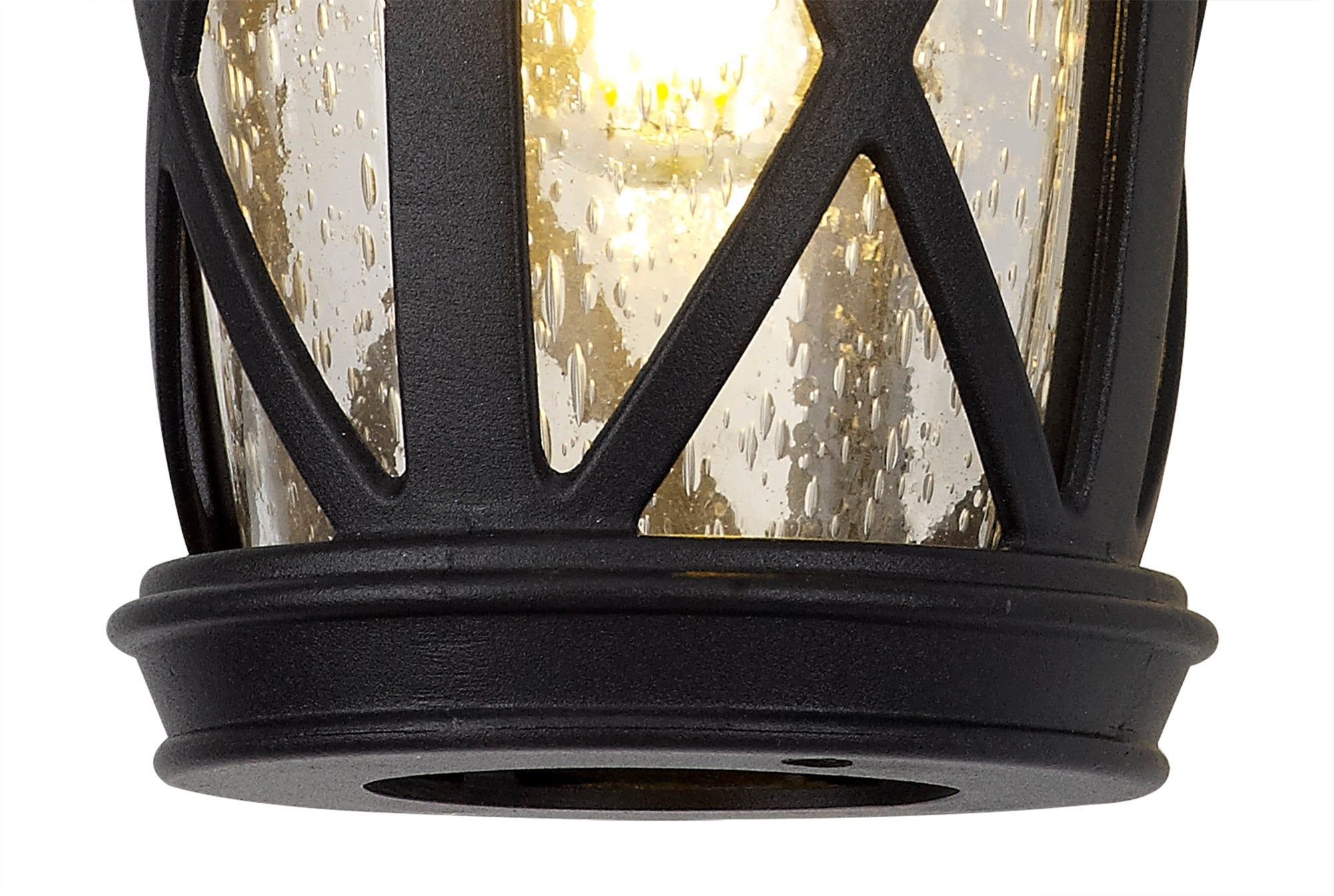 Alcovr Down Round Criss Cross Outdoor Wall Lamp, 1 x E27, IP44, Sand Black/Clear Seeded Glass, 2yrs Warranty
