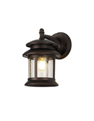 Alcovr Down Round Outdoor Wall Lamp, 1 x E27, IP44, Sand Black/Clear Seeded Glass, 2yrs Warranty