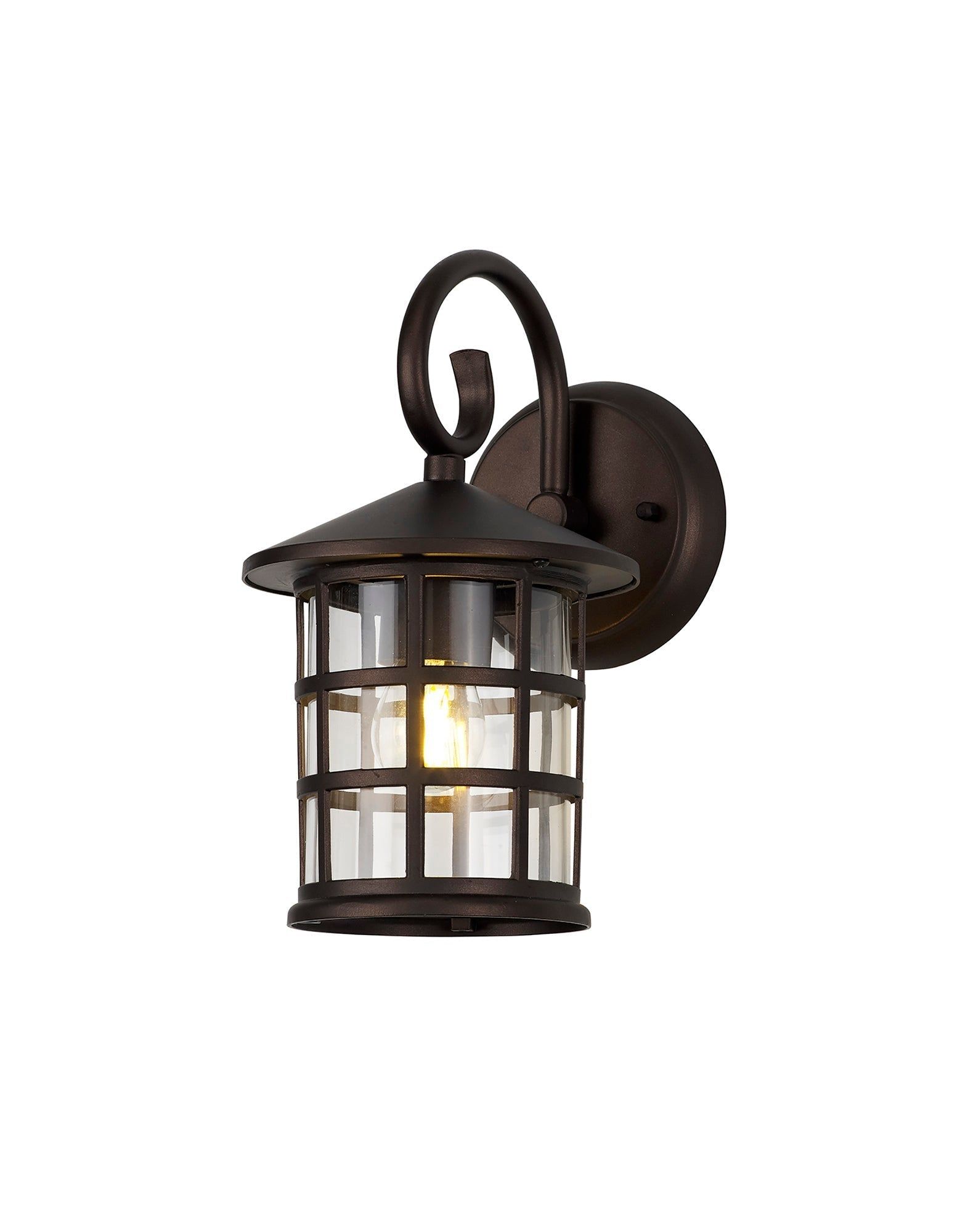 Alcovr Down Round Grid Outdoor Wall Lamp, 1 x E27, IP44, Sand Black/Clear Seeded Glass, 2yrs Warranty