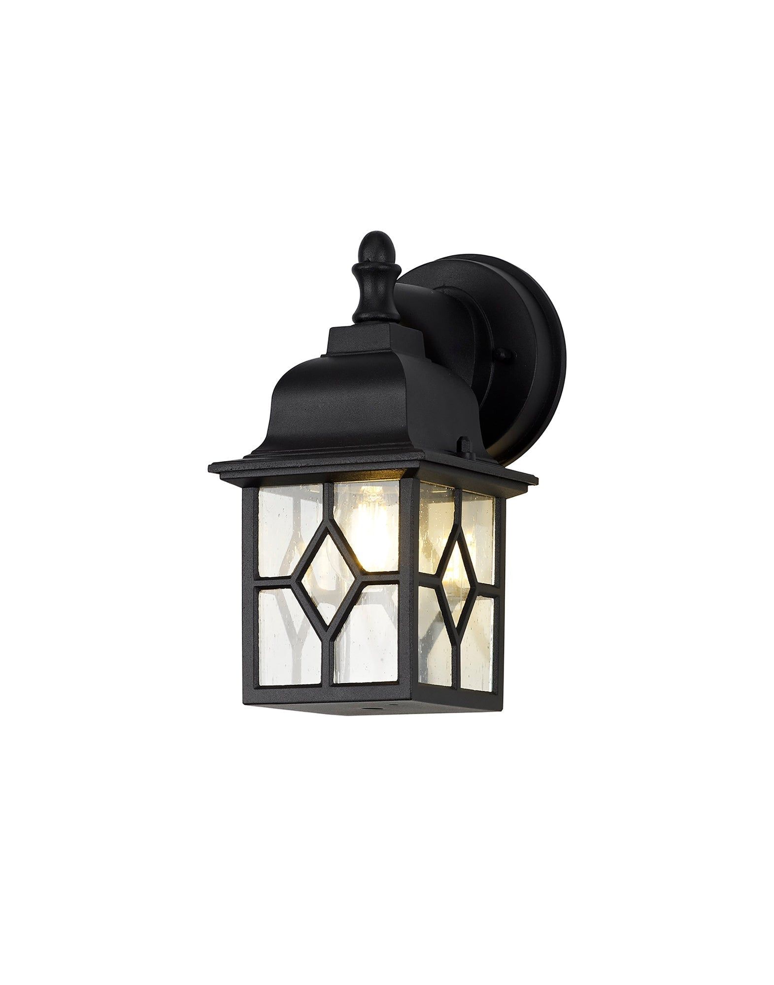 Alcovr Down Square Criss Cross Outdoor Wall Lamp, 1 x E27, IP44, Sand Black/Clear Seeded Glass, 2yrs Warranty