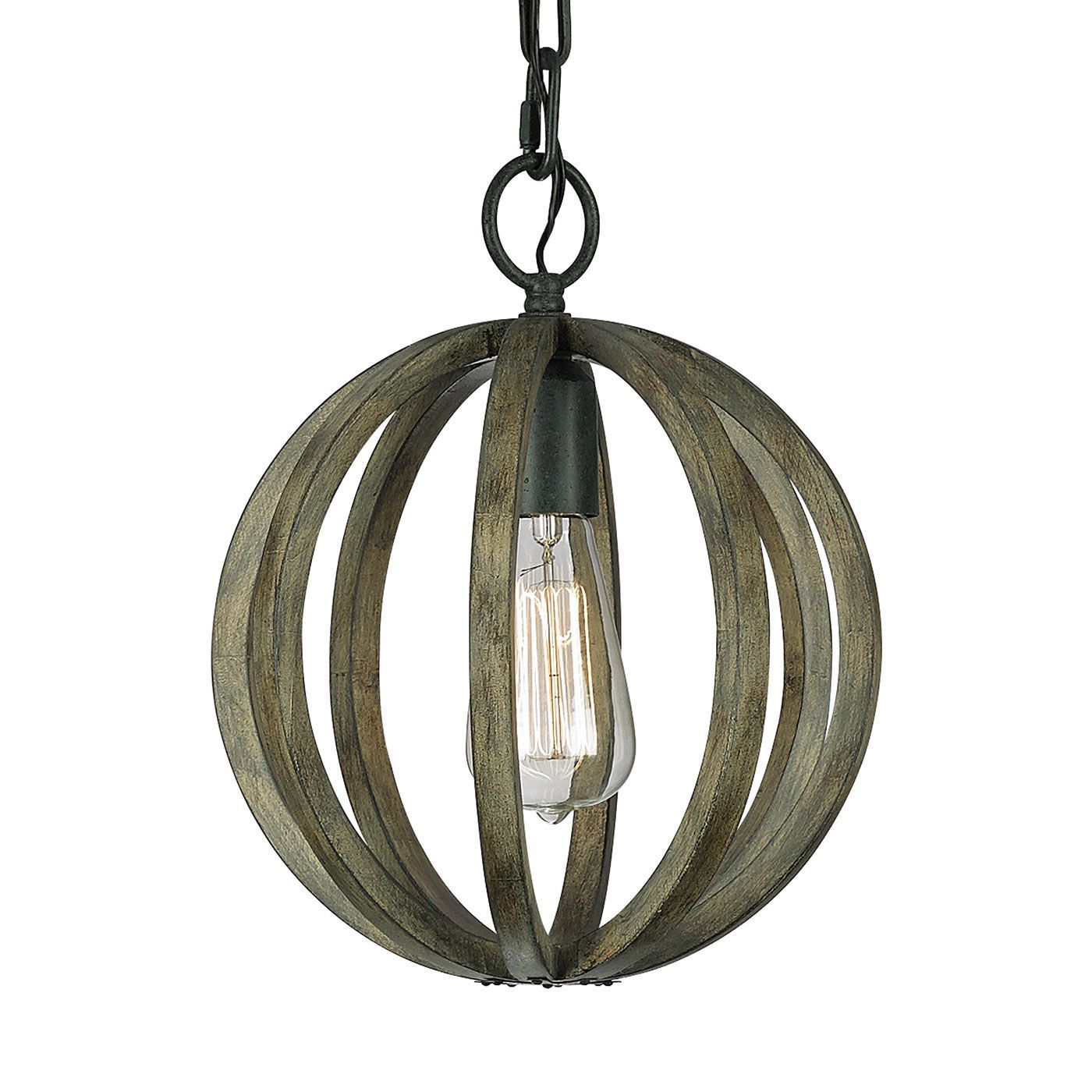 Allier 1lt Mini Pendant Ceiling Light - Weather Oak Wood & Antique Forged Iron Finish