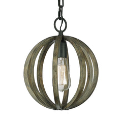 Allier 1lt Mini Pendant Ceiling Light - Weather Oak Wood & Antique Forged Iron Finish