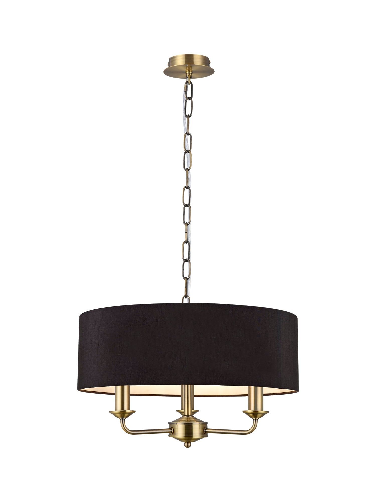 Banyan 3 Light Multi Arm Pendant, c/w 1.5m Chain, E14 Antique Brass c/w 450mm Faux Silk Shade, Black