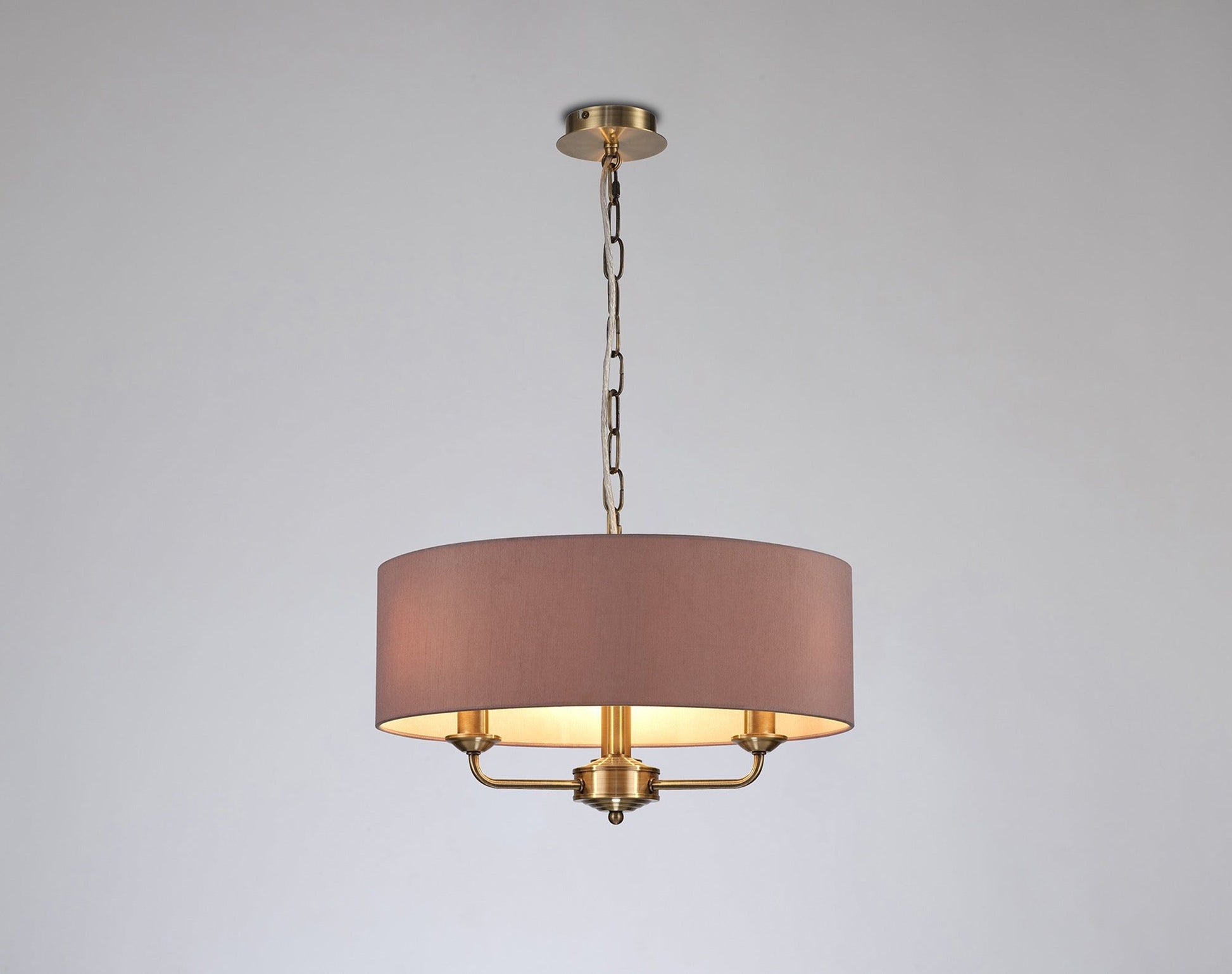 Banyan 3 Light Multi Arm Pendant, c/w 1.5m Chain, E14 Antique Brass c/w 450mm Dual Faux Silk Shade, Taupe/Halo Gold