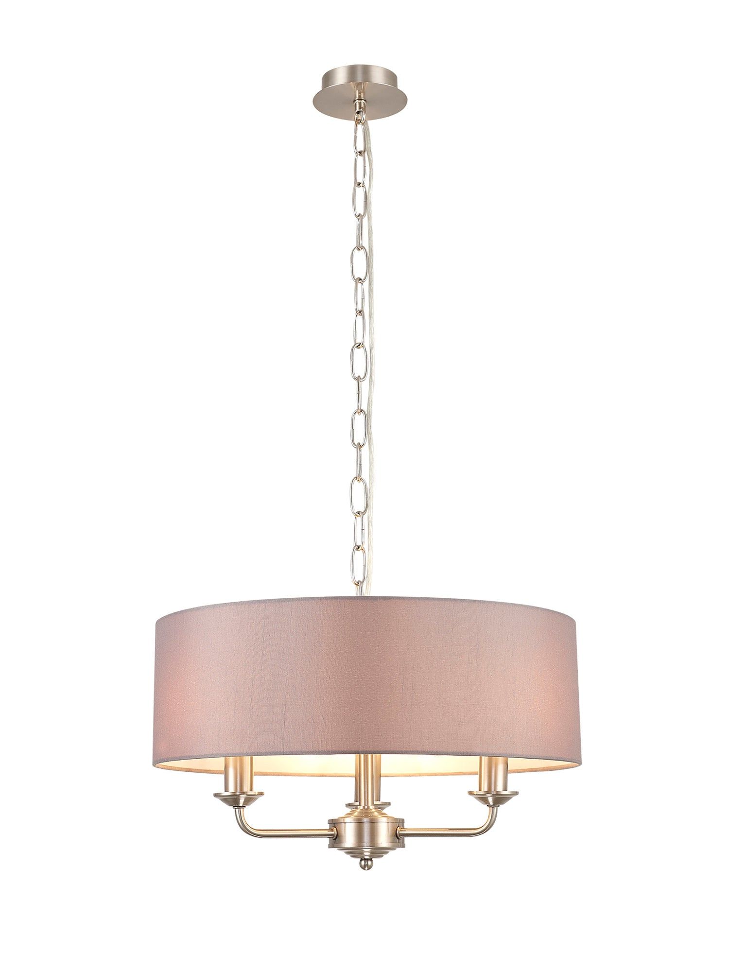 Banyan 3 Light Multi Arm Pendant, c/w 1.5m Chain, E14 Satin Nickel c/w 450mm Faux Silk Shade, Grey