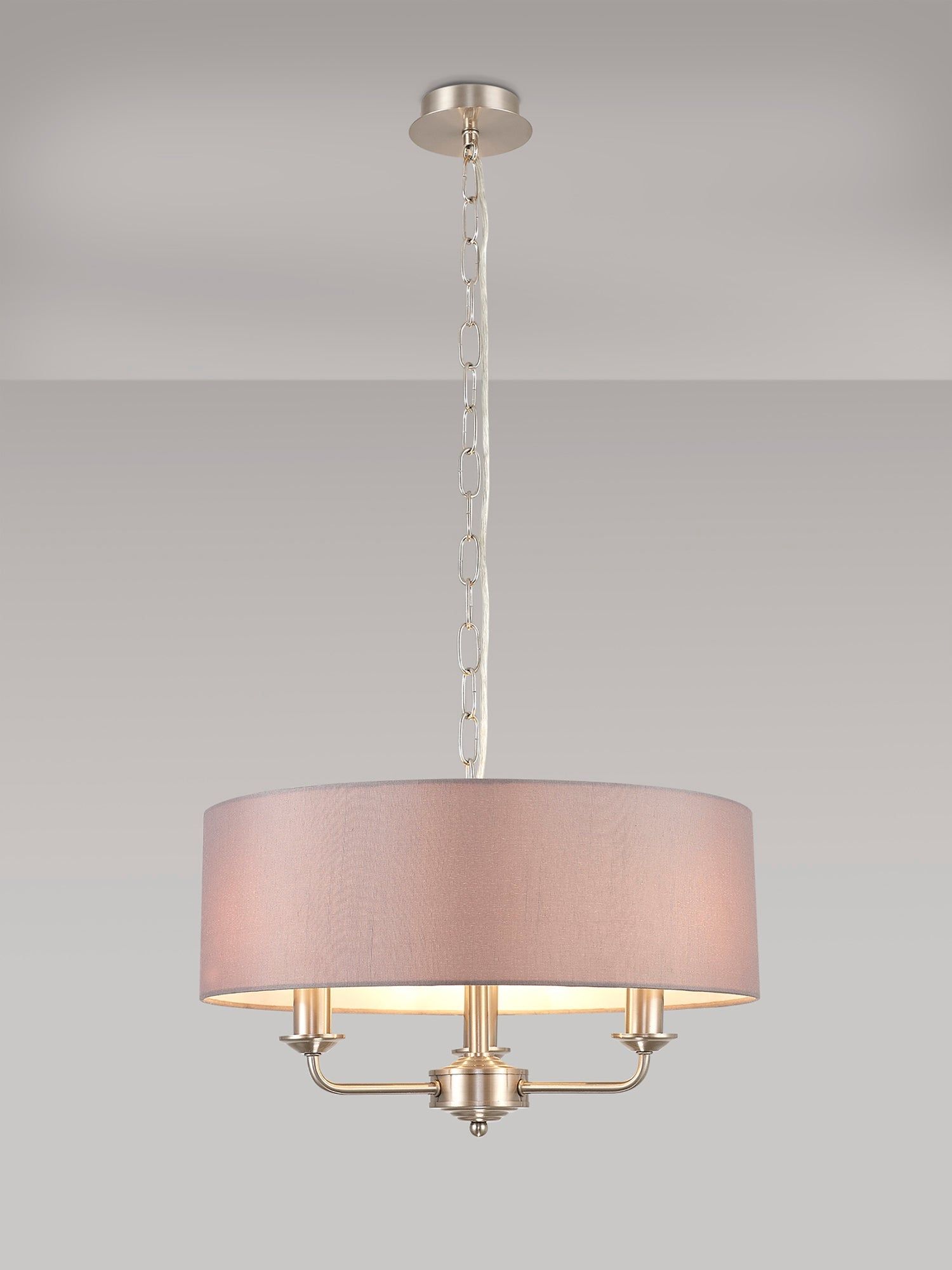 Banyan 3 Light Multi Arm Pendant, c/w 1.5m Chain, E14 Satin Nickel c/w 450mm Faux Silk Shade, Grey