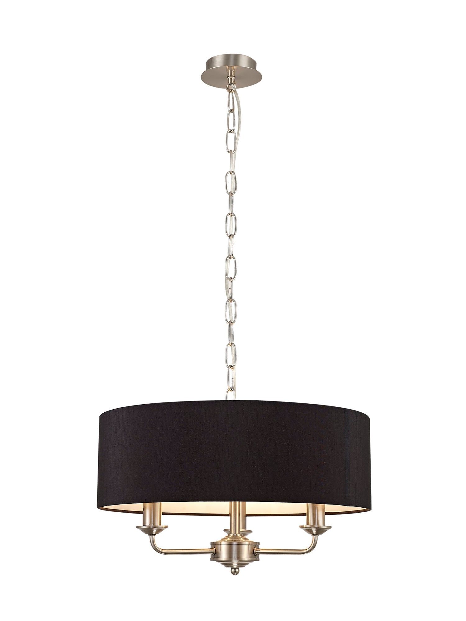 Banyan 3 Light Multi Arm Pendant, c/w 1.5m Chain, E14 Satin Nickel c/w 450mm Faux Silk Shade, Black