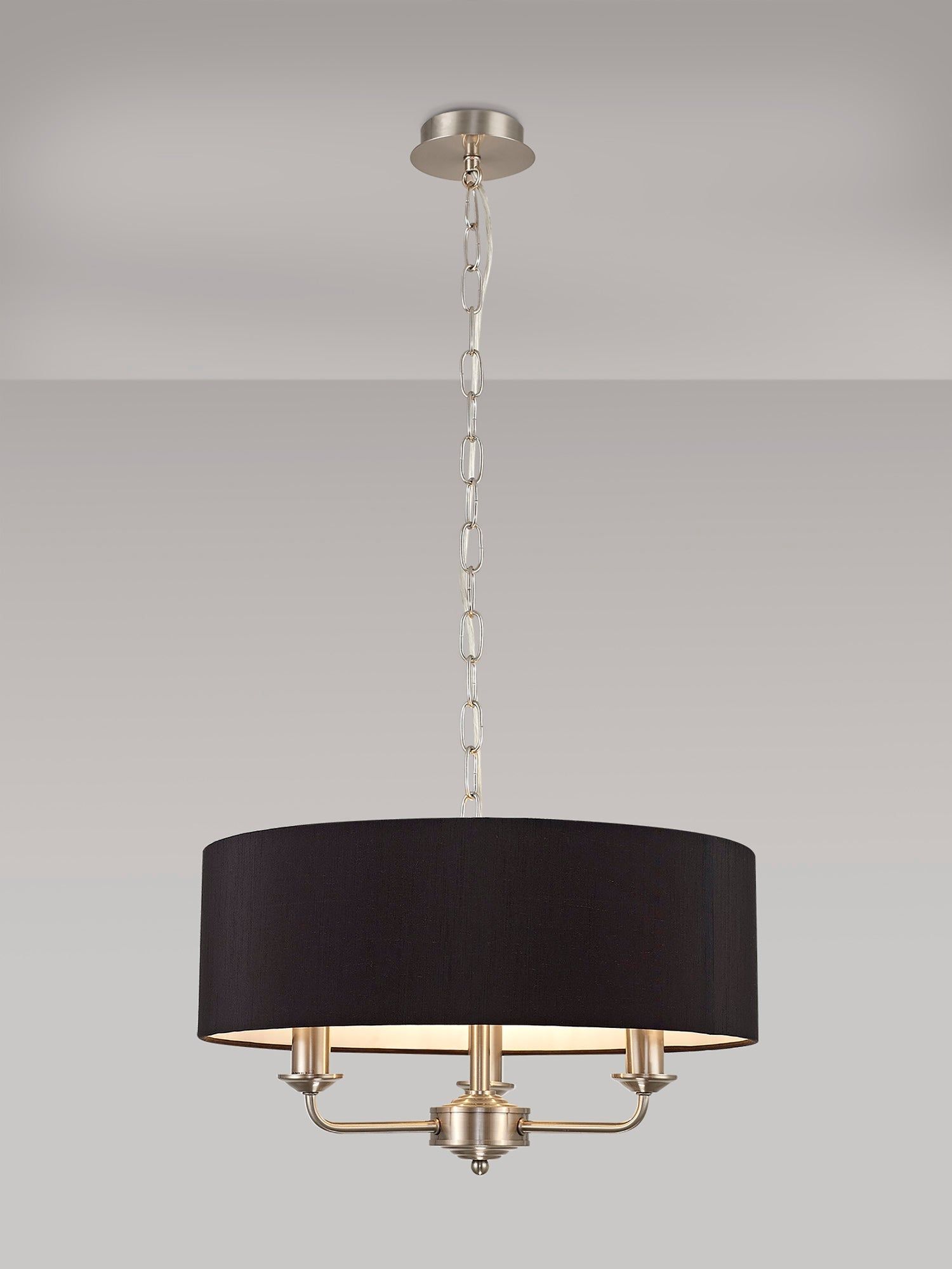 Banyan 3 Light Multi Arm Pendant, c/w 1.5m Chain, E14 Satin Nickel c/w 450mm Faux Silk Shade, Black
