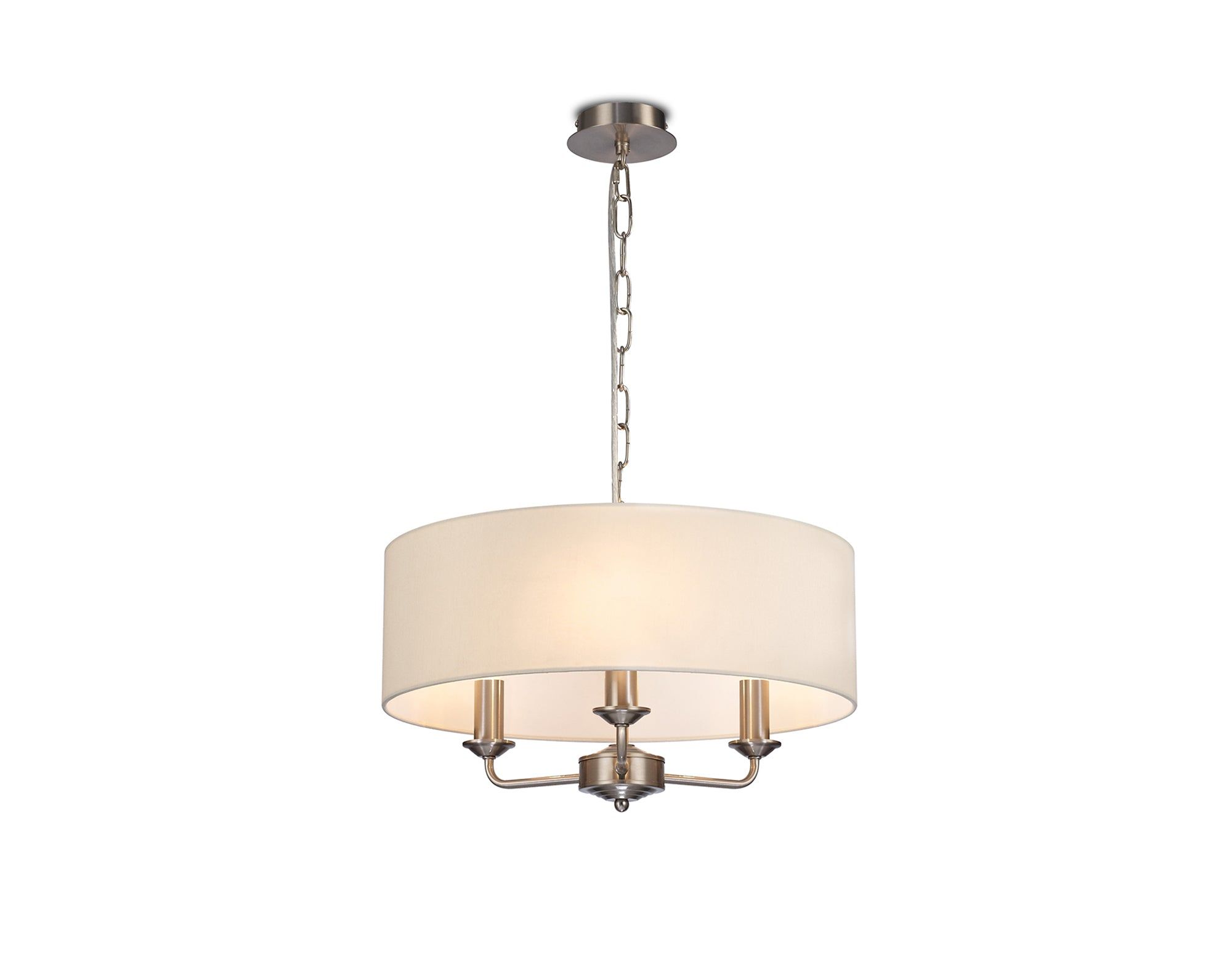 Banyan 3 Light Multi Arm Pendant, c/w 1.5m Chain, E14 Satin Nickel c/w 450mm Faux Silk Shade, Ivory Pearl/White Laminate