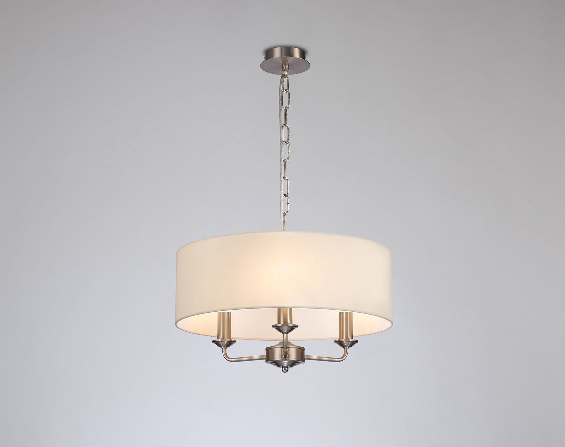 Banyan 3 Light Multi Arm Pendant, c/w 1.5m Chain, E14 Satin Nickel c/w 450mm Faux Silk Shade, Ivory Pearl/White Laminate
