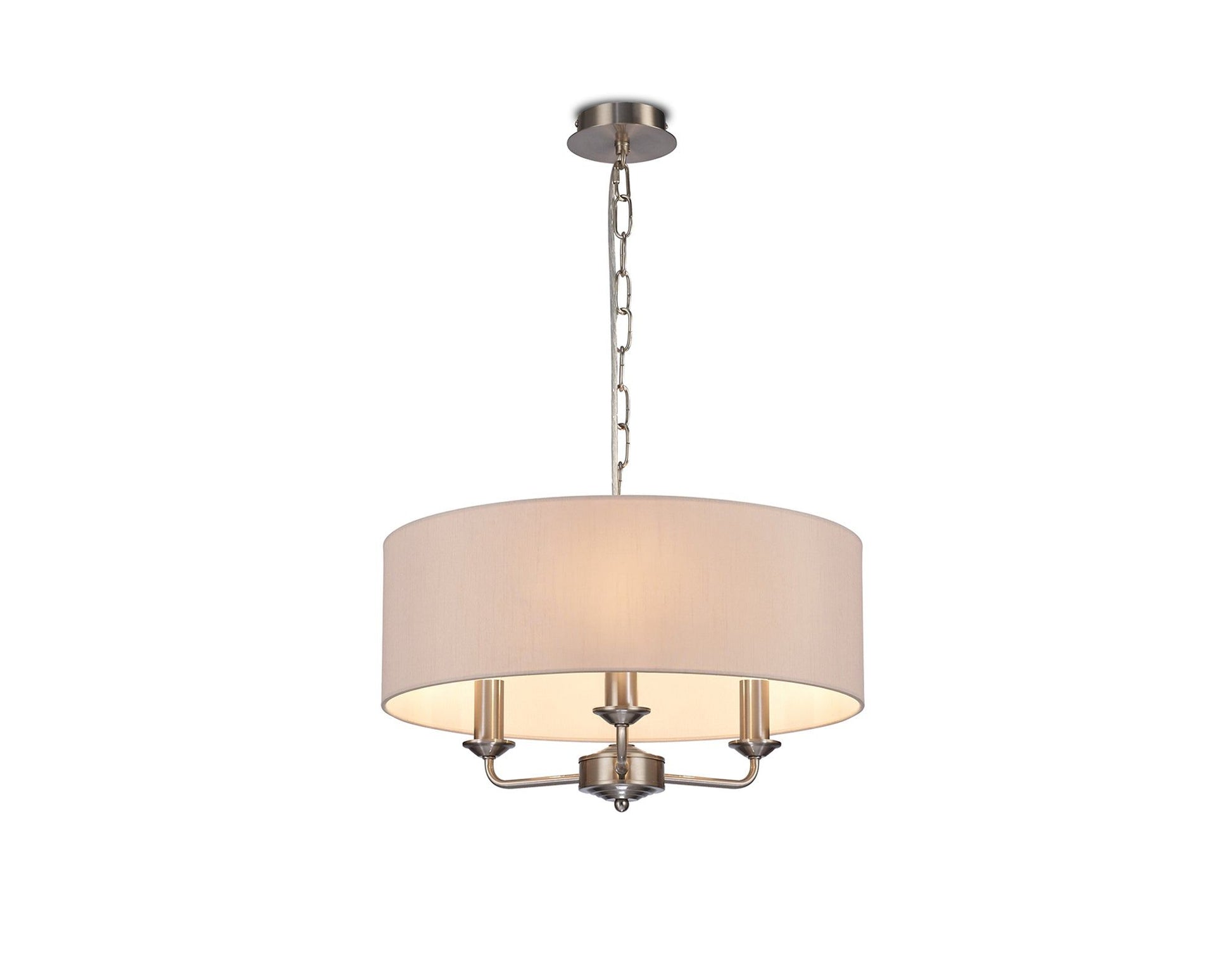 Banyan 3 Light Multi Arm Pendant, c/w 1.5m Chain, E14 Satin Nickel c/w 450mm Dual Faux Silk Shade, Nude Beige/Moonlight