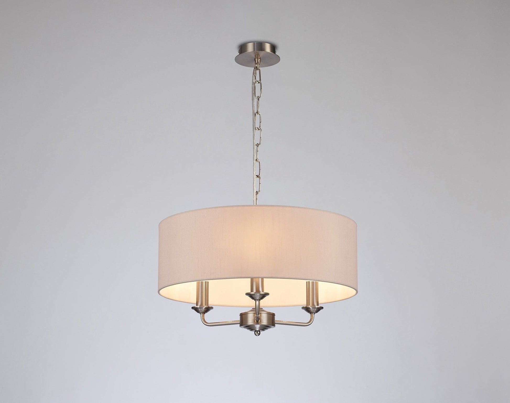 Banyan 3 Light Multi Arm Pendant, c/w 1.5m Chain, E14 Satin Nickel c/w 450mm Dual Faux Silk Shade, Nude Beige/Moonlight