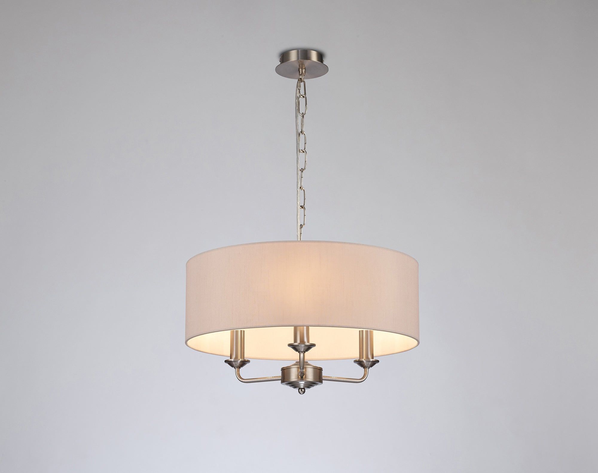Banyan 3 Light Multi Arm Pendant, c/w 1.5m Chain, E14 Satin Nickel c/w 450mm Dual Faux Silk Shade, Nude Beige/Moonlight