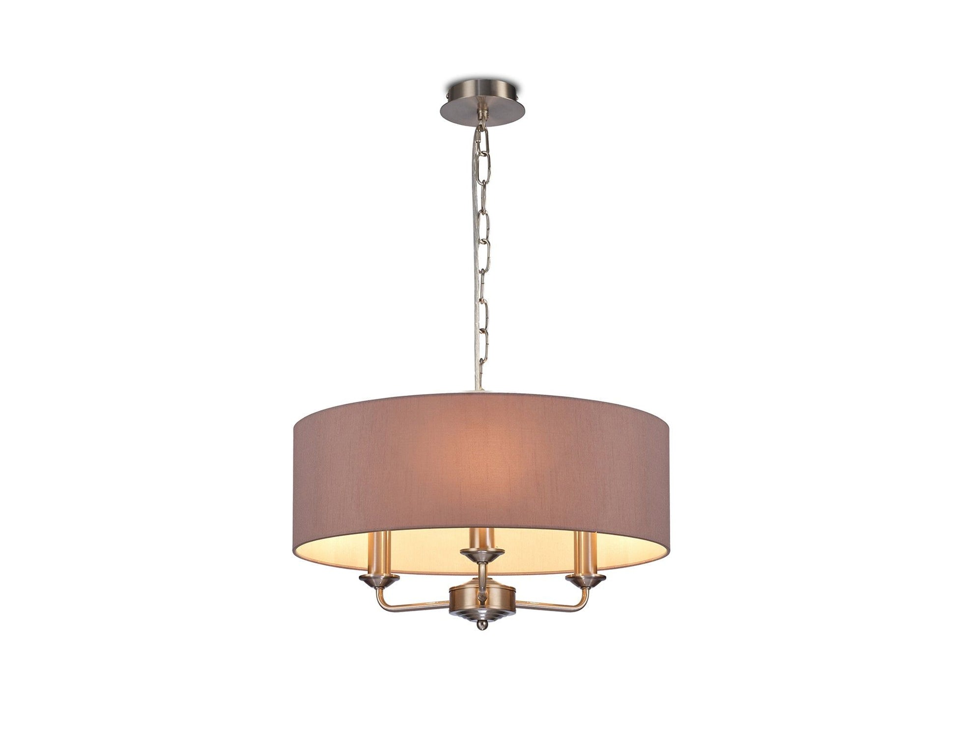 Banyan 3 Light Multi Arm Pendant, c/w 1.5m Chain, E14 Satin Nickel c/w 450mm Dual Faux Silk Shade, Taupe/Halo Gold