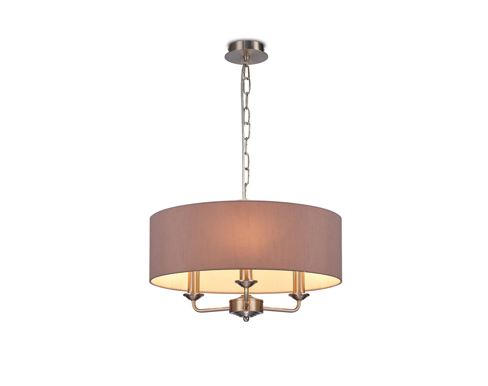 Banyan 3 Light Multi Arm Pendant, c/w 1.5m Chain, E14 Satin Nickel c/w 450mm Dual Faux Silk Shade, Taupe/Halo Gold