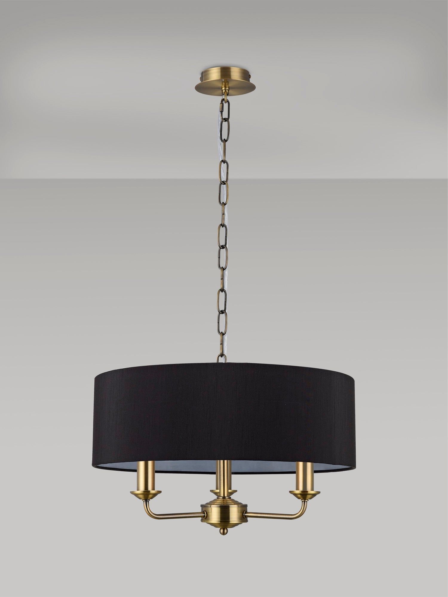Banyan 3 Light Multi Arm Pendant, c/w 1.5m Chain, E14 Antique Brass c/w 450mm Faux Silk Shade, Black
