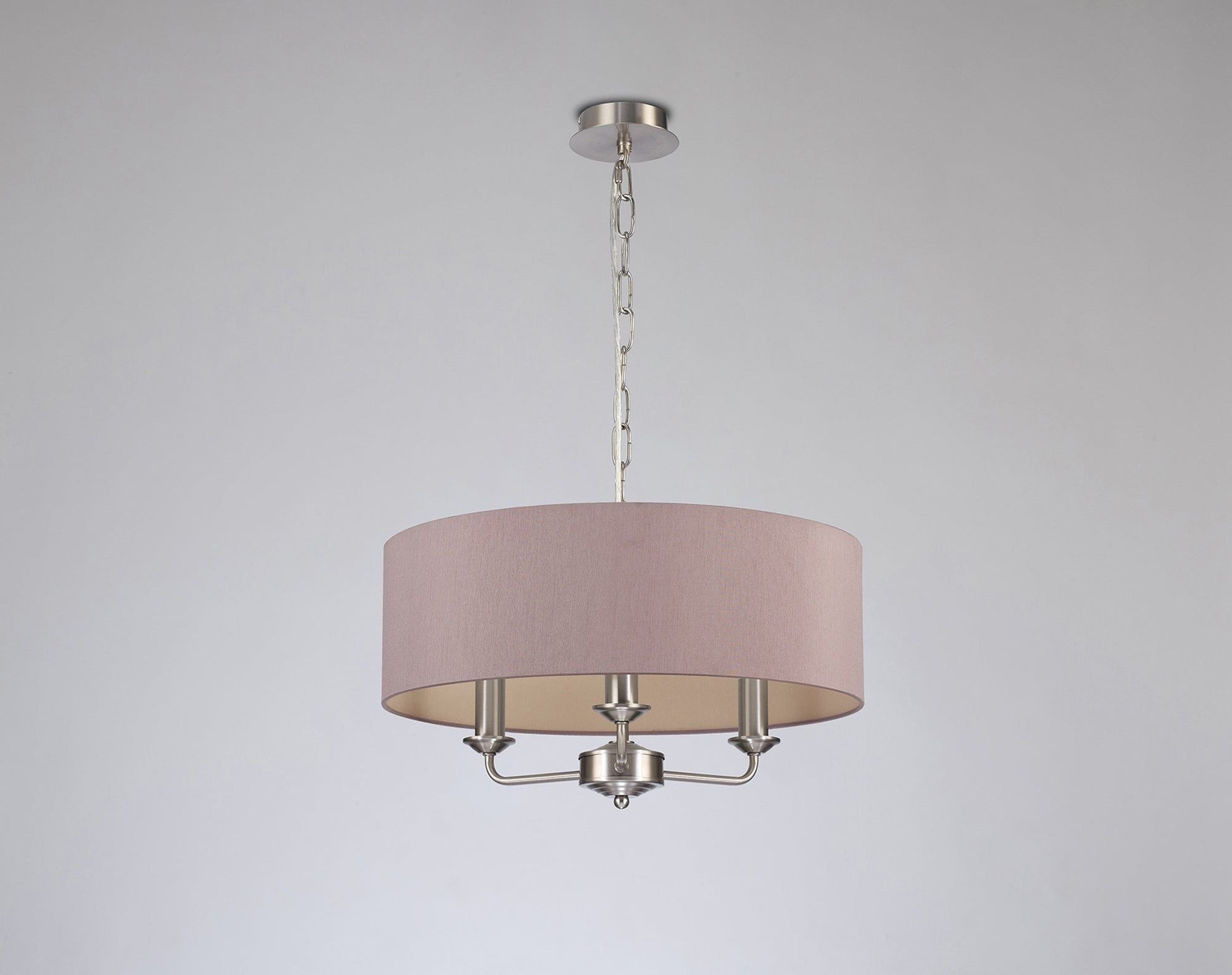 Banyan 3 Light Multi Arm Pendant, c/w 1.5m Chain, E14 Satin Nickel c/w 450mm Dual Faux Silk Shade, Taupe/Halo Gold