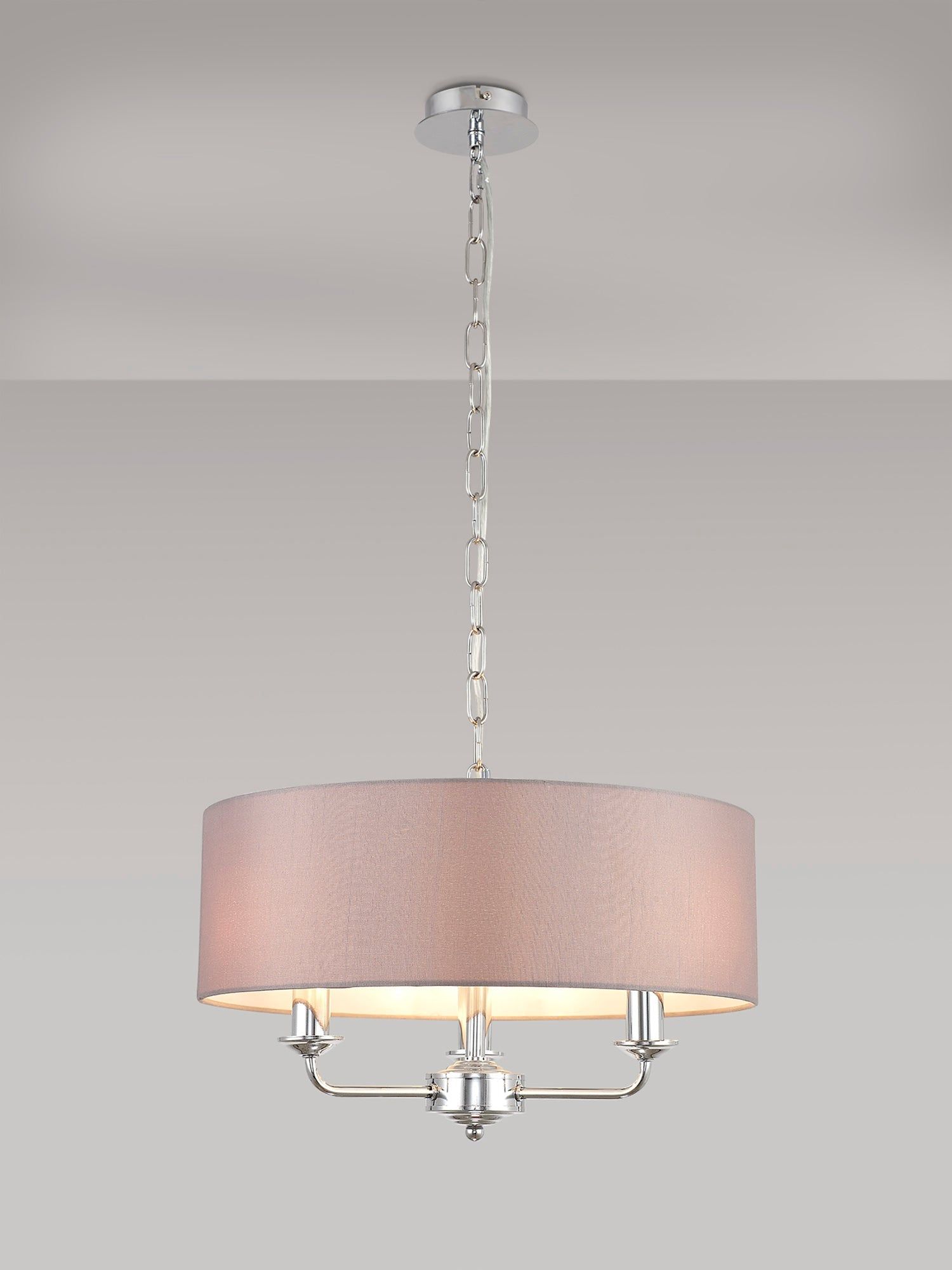 Banyan 3 Light Multi Arm Pendant, c/w 1.5m Chain, E14 Polished Chrome c/w 450mm Faux Silk Shade, Grey
