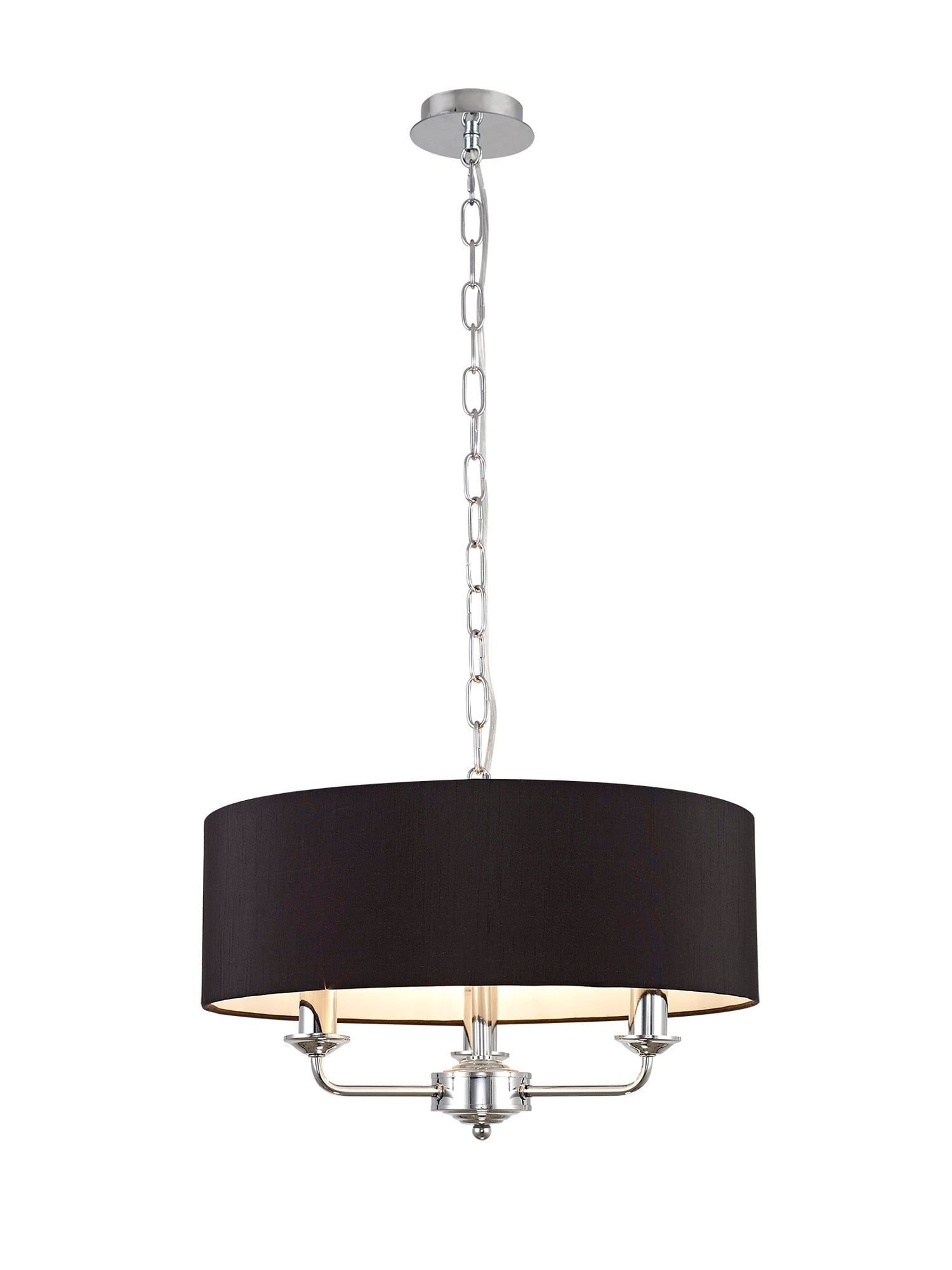 Banyan 3 Light Multi Arm Pendant, c/w 1.5m Chain, E14 Polished Chrome c/w 450mm Faux Silk Shade, Black