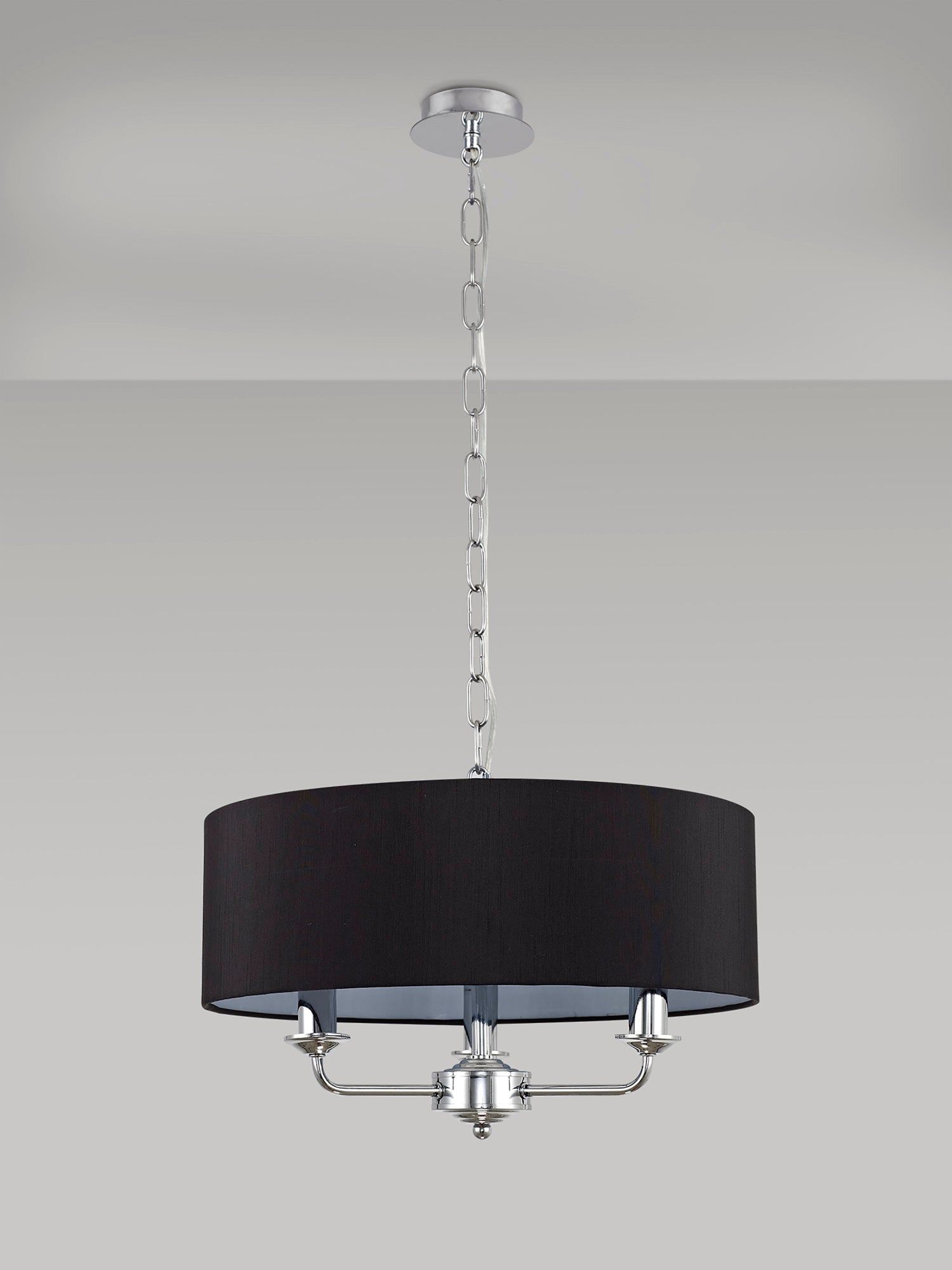 Banyan 3 Light Multi Arm Pendant, c/w 1.5m Chain, E14 Polished Chrome c/w 450mm Faux Silk Shade, Black