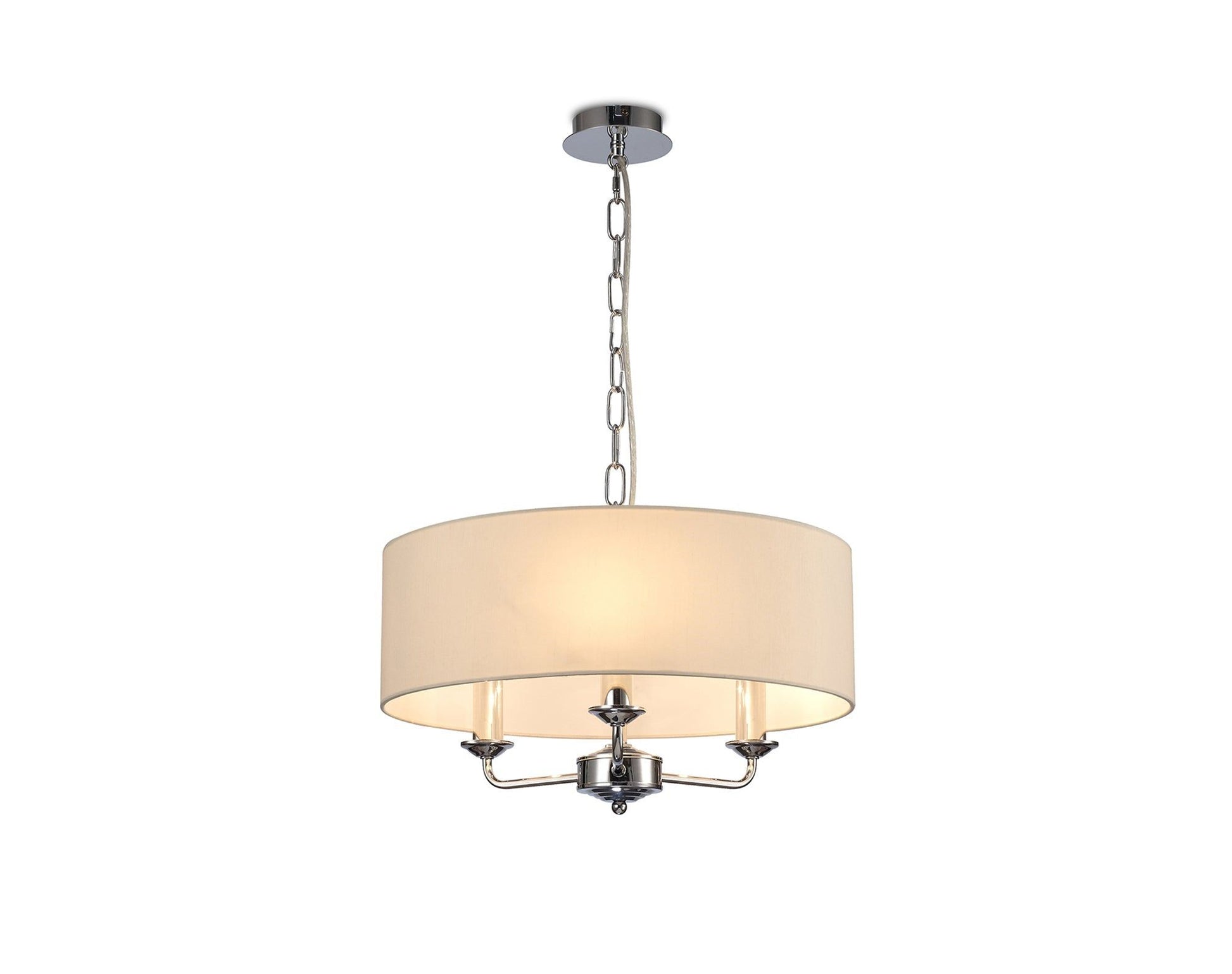 Banyan 3 Light Multi Arm Pendant, c/w 1.5m Chain, E14 Polished Chrome c/w 450mm Faux Silk Shade, Ivory Pearl/White Laminate