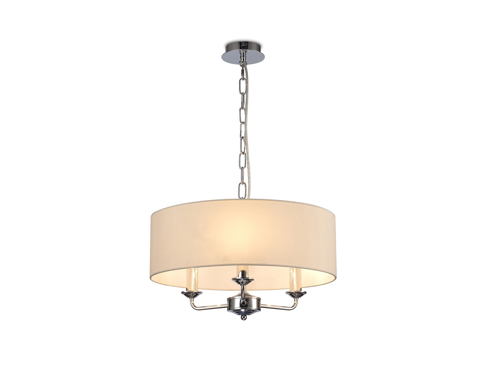 Banyan 3 Light Multi Arm Pendant, c/w 1.5m Chain, E14 Polished Chrome c/w 450mm Faux Silk Shade, Ivory Pearl/White Laminate
