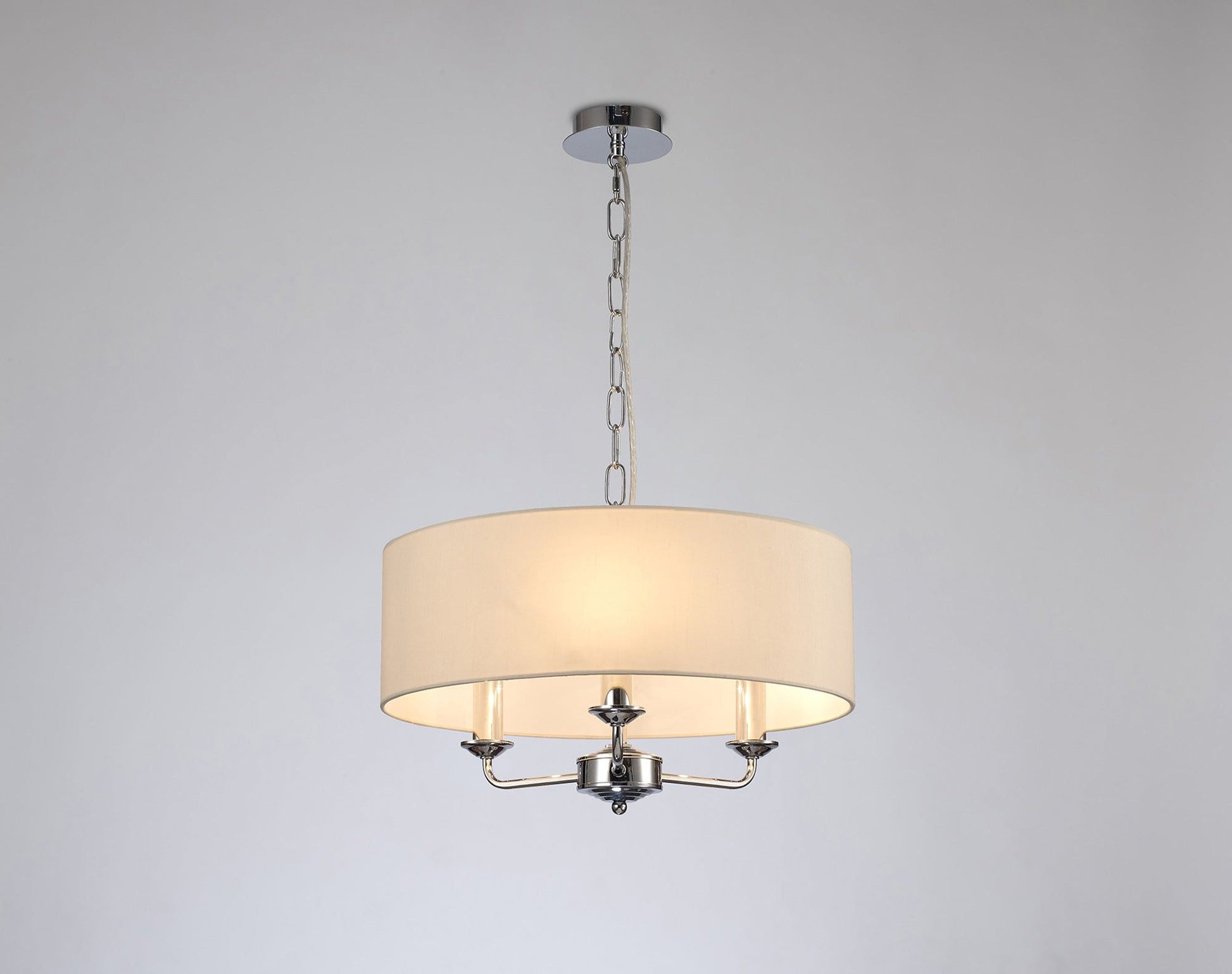 Banyan 3 Light Multi Arm Pendant, c/w 1.5m Chain, E14 Polished Chrome c/w 450mm Faux Silk Shade, Ivory Pearl/White Laminate