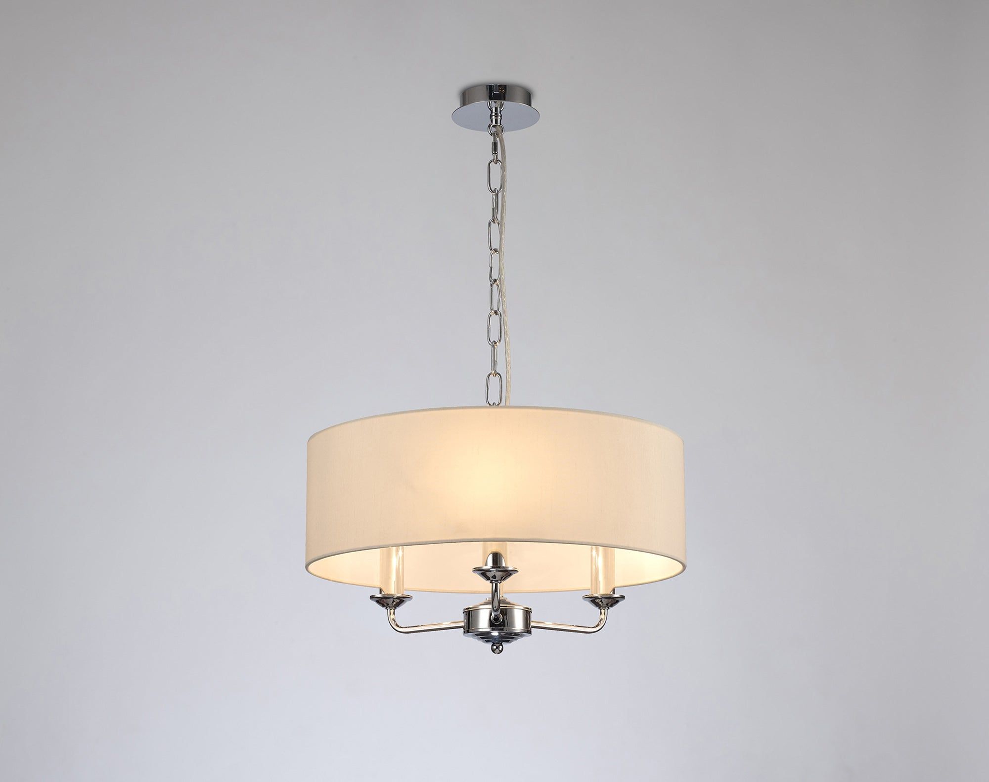 Banyan 3 Light Multi Arm Pendant, c/w 1.5m Chain, E14 Polished Chrome c/w 450mm Faux Silk Shade, Ivory Pearl/White Laminate