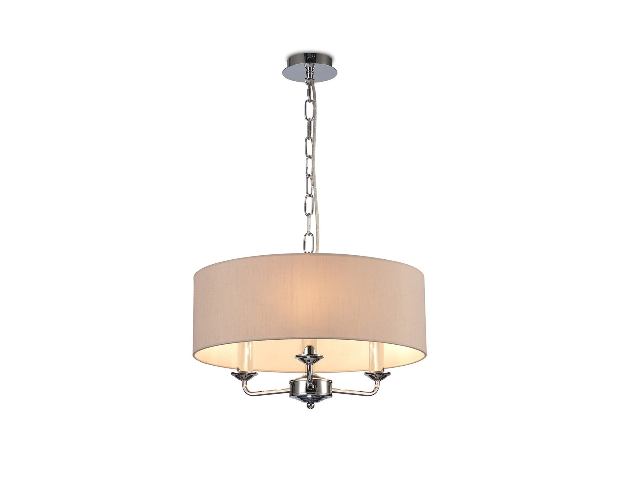 Banyan 3 Light Multi Arm Pendant, c/w 1.5m Chain, E14 Polished Chrome c/w 450mm Dual Faux Silk Shade, Nude Beige/Moonlight