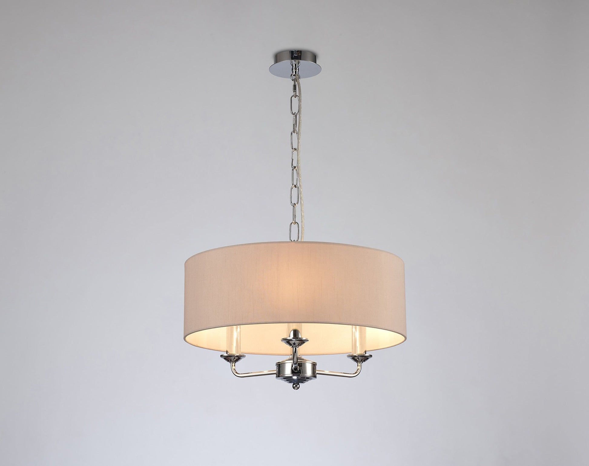 Banyan 3 Light Multi Arm Pendant, c/w 1.5m Chain, E14 Polished Chrome c/w 450mm Dual Faux Silk Shade, Nude Beige/Moonlight
