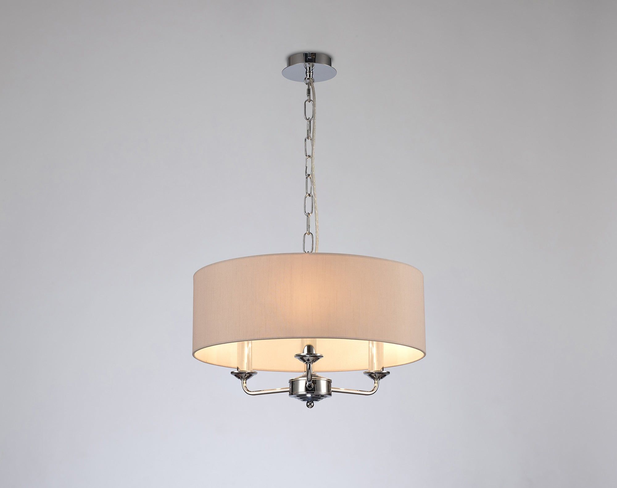 Banyan 3 Light Multi Arm Pendant, c/w 1.5m Chain, E14 Polished Chrome c/w 450mm Dual Faux Silk Shade, Nude Beige/Moonlight