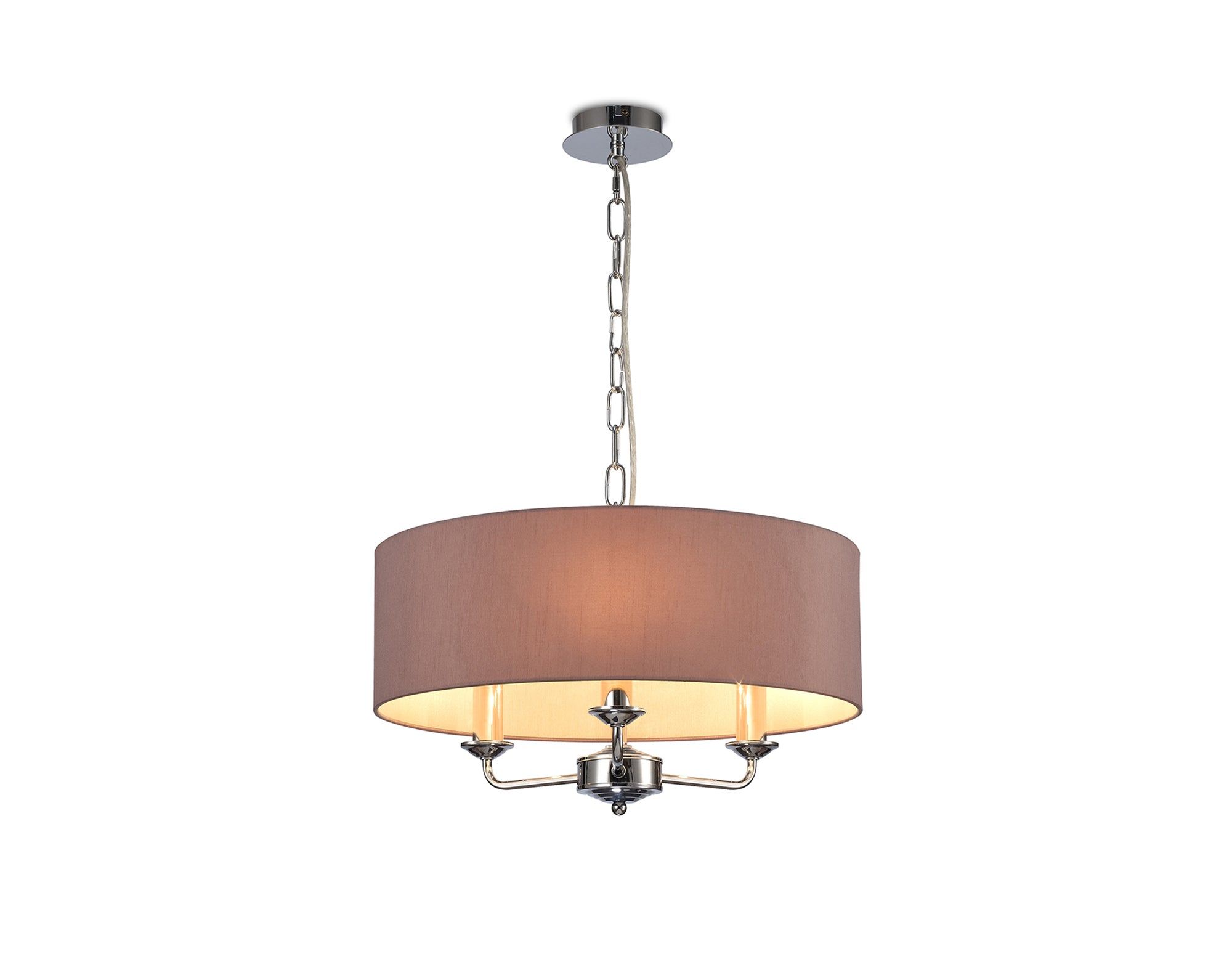 Banyan 3 Light Multi Arm Pendant, c/w 1.5m Chain, E14 Polished Chrome c/w 450mm Dual Faux Silk Shade, Taupe/Halo Gold