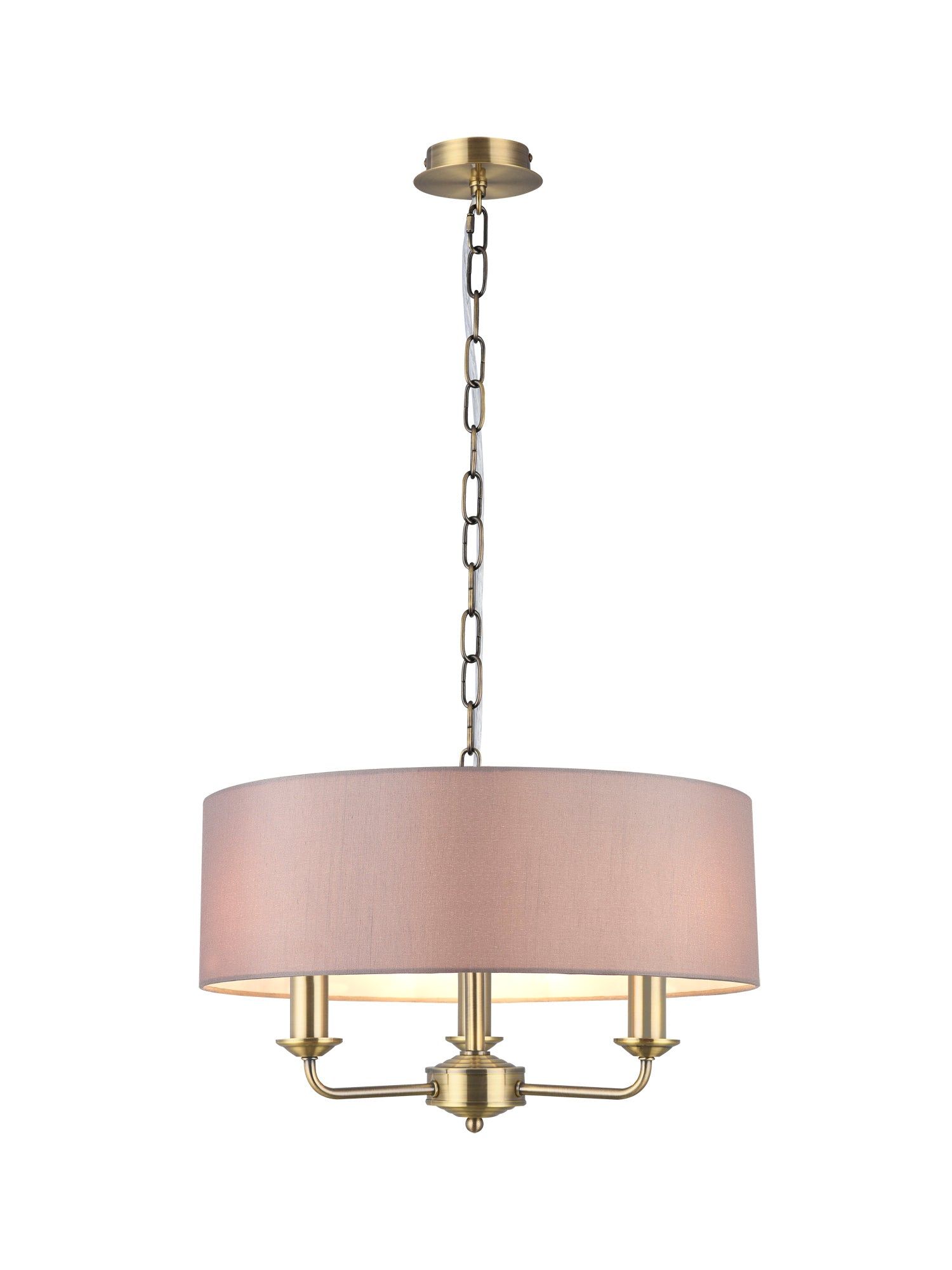 Banyan 3 Light Multi Arm Pendant, c/w 1.5m Chain, E14 Antique Brass c/w 450mm Faux Silk Shade, Grey