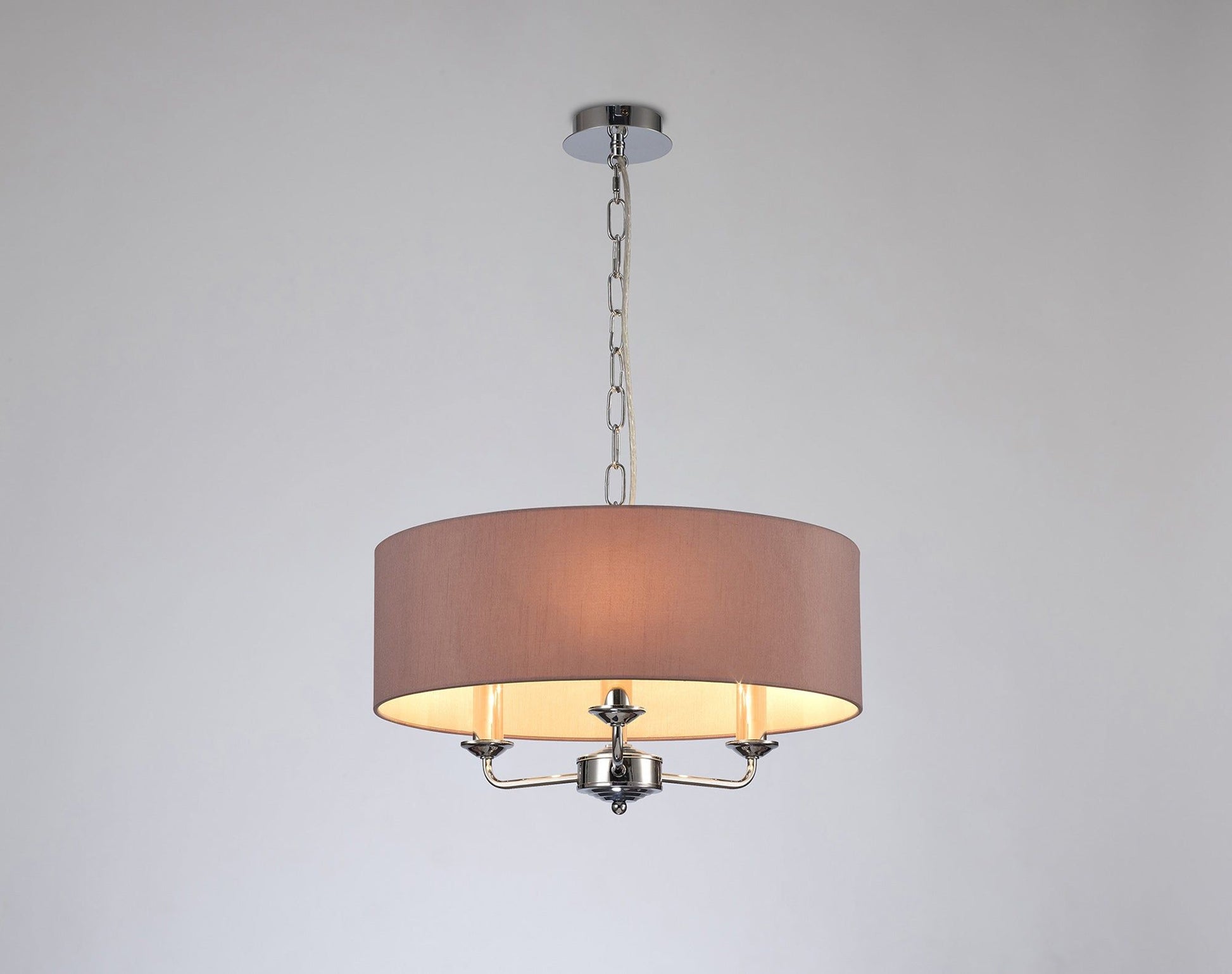 Banyan 3 Light Multi Arm Pendant, c/w 1.5m Chain, E14 Polished Chrome c/w 450mm Dual Faux Silk Shade, Taupe/Halo Gold