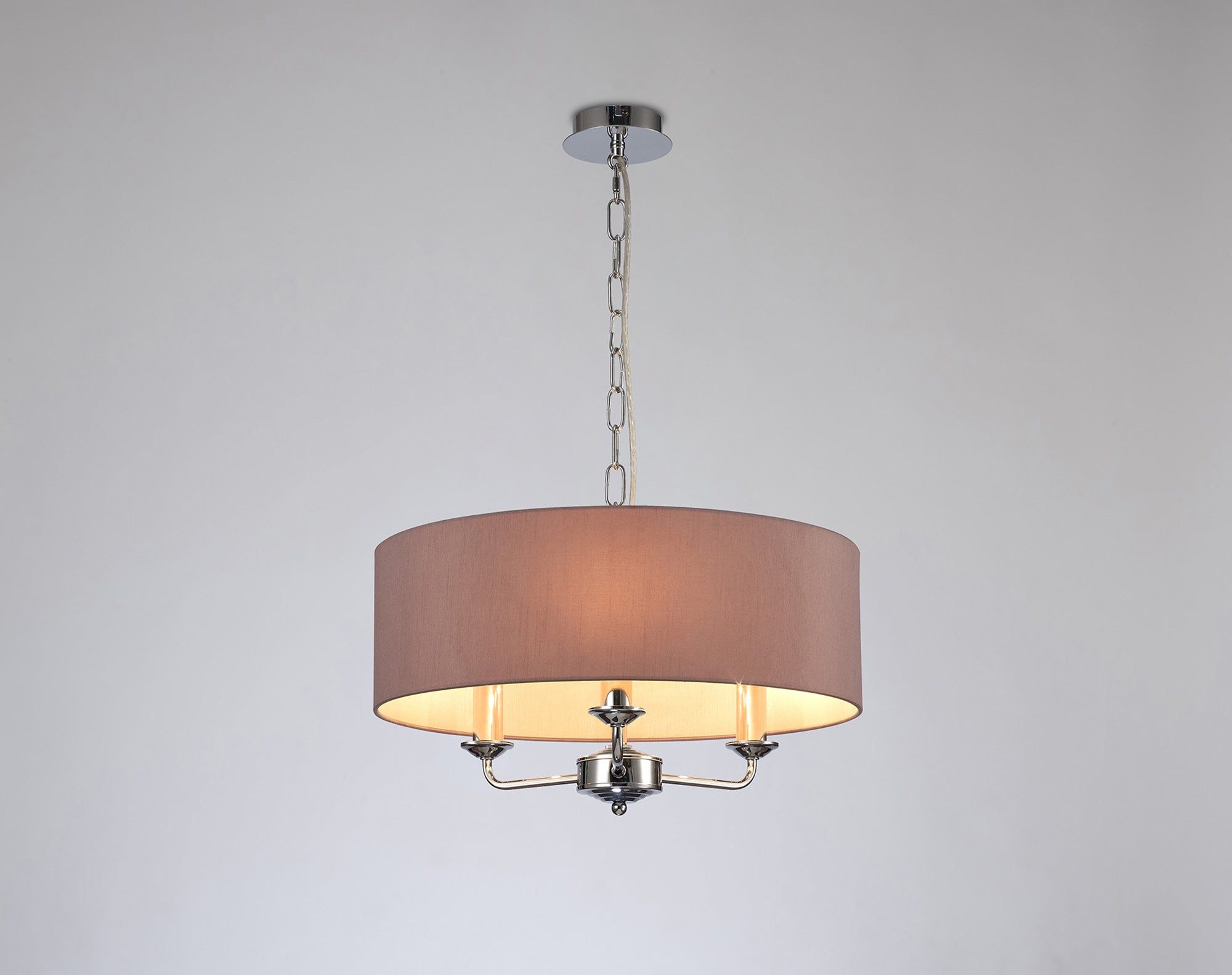Banyan 3 Light Multi Arm Pendant, c/w 1.5m Chain, E14 Polished Chrome c/w 450mm Dual Faux Silk Shade, Taupe/Halo Gold