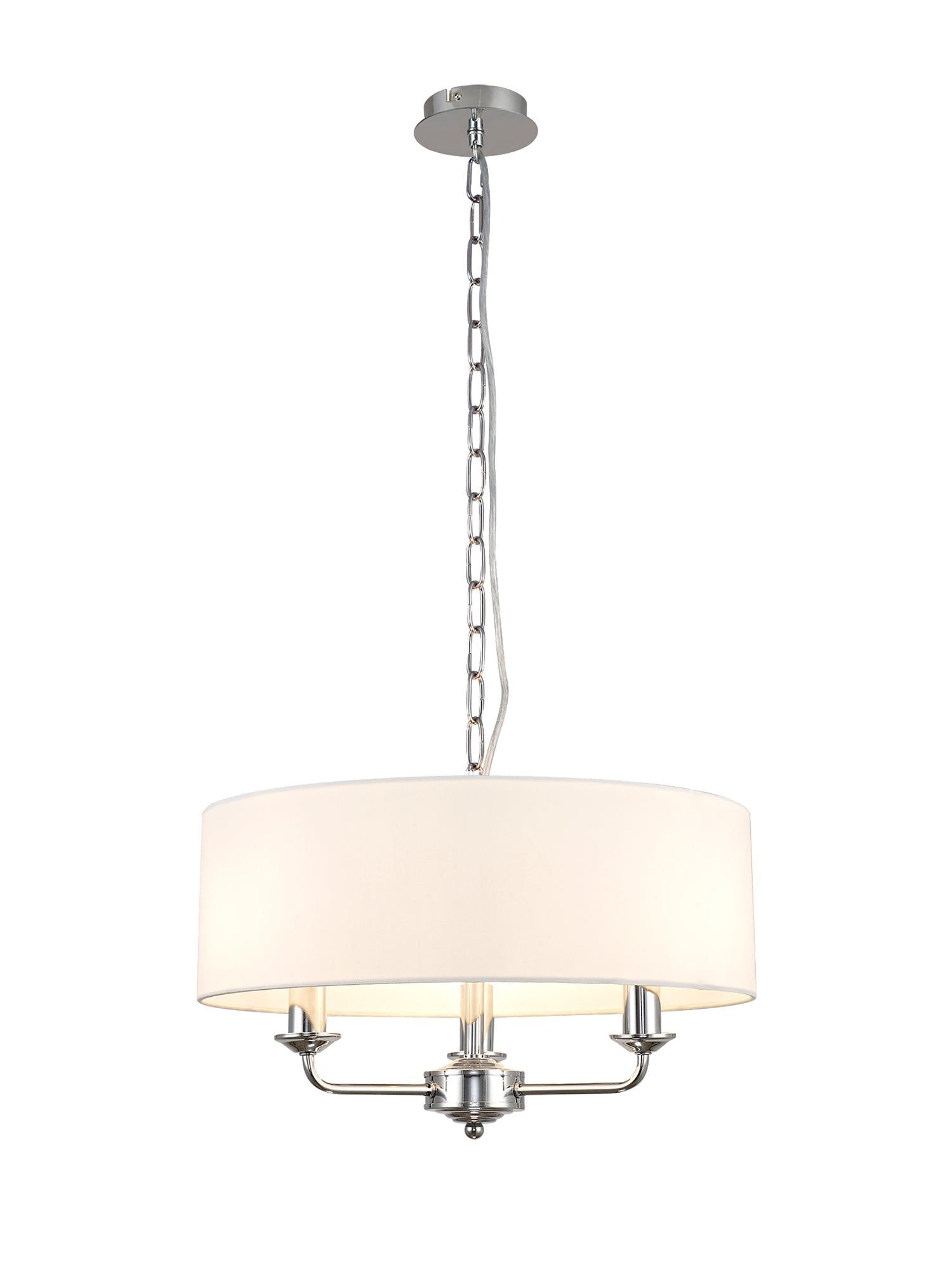 Banyan 3 Light Multi Arm Pendant, c/w 1.5m Chain, E14 Polished Chrome c/w 450mm Faux Silk Shade, White
