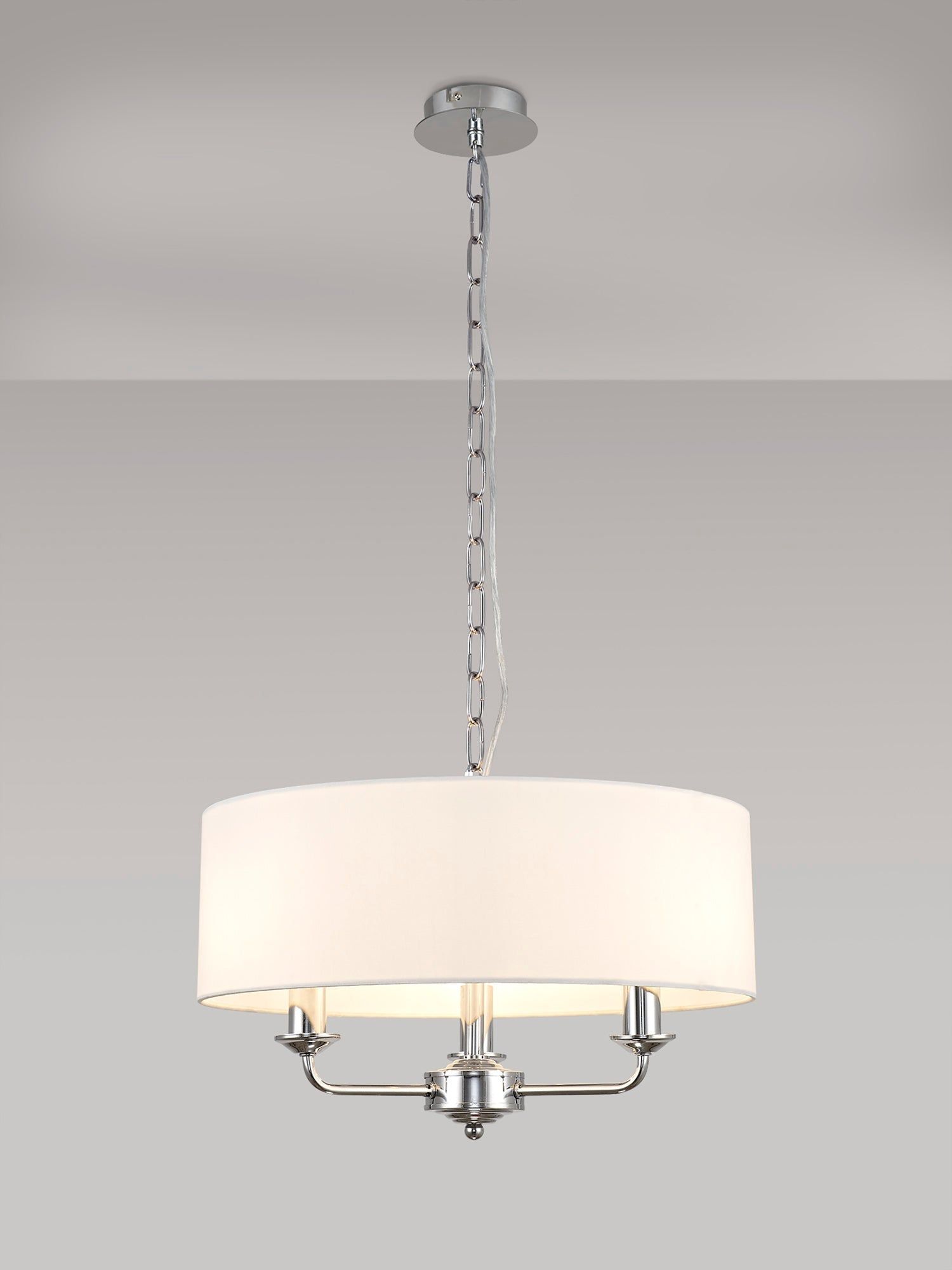 Banyan 3 Light Multi Arm Pendant, c/w 1.5m Chain, E14 Polished Chrome c/w 450mm Faux Silk Shade, White